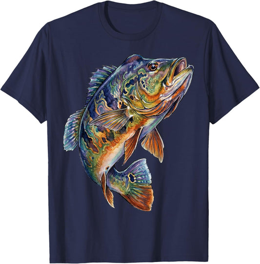 Peacock Bass Fish Abstract Freshwater Aquatic Art T-Shirt - T-Shirt | Navy