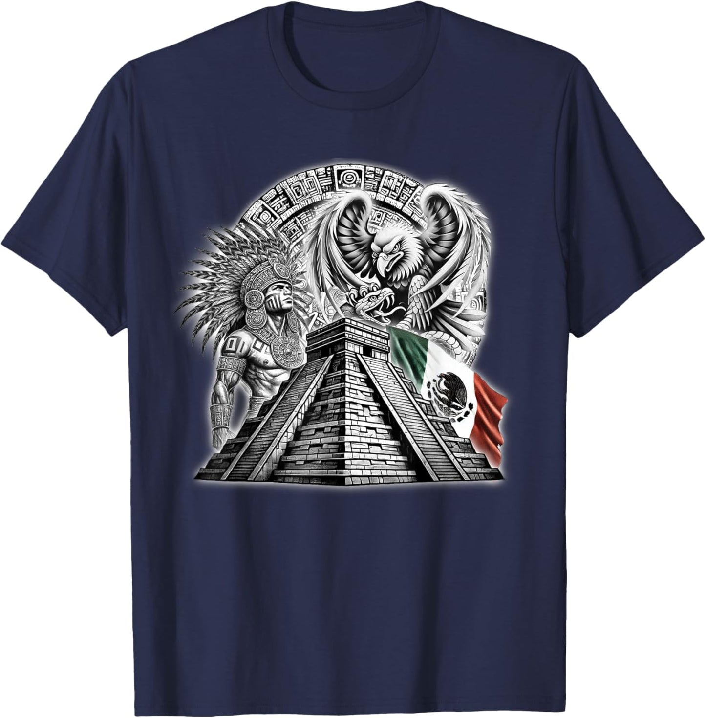 Aztec Warrior Calendar Mexico Mexican Flag Mayan Azteca T-Shirt - T-Shirt | Navy