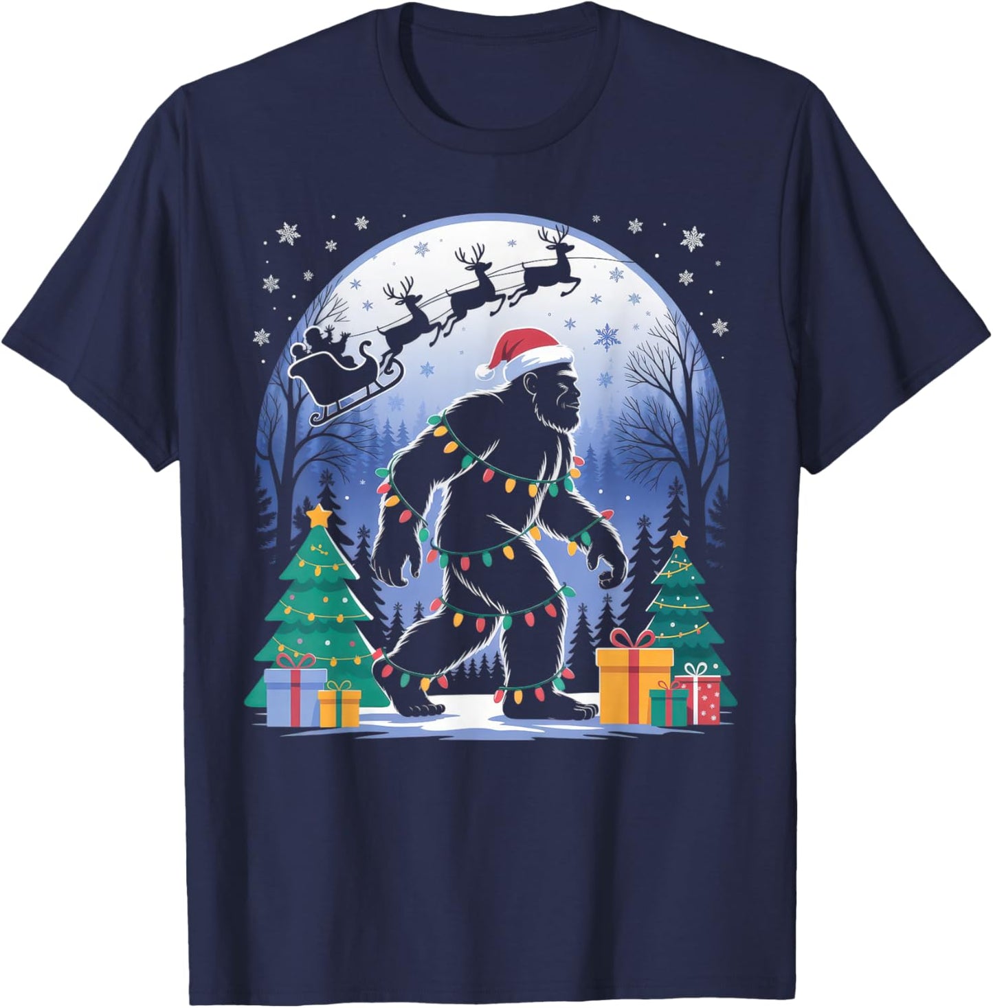 Santa Bigfoot Christmas Lights Funny Sasquatch Believe T-Shirt - T-Shirt | Navy