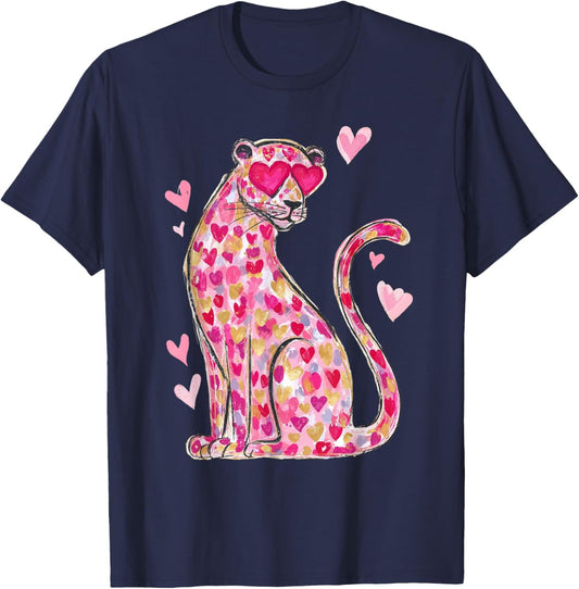 Valentine Leopard Cat Cheetah Pink Heart Retro Vintage T-Shirt - T-Shirt | Navy