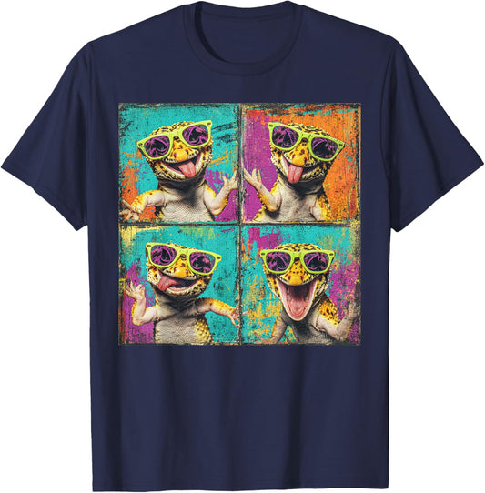 Funny Leopard Gecko Sunglasses Photobooth Selfie Lizard Meme T-Shirt - T-Shirt | Navy