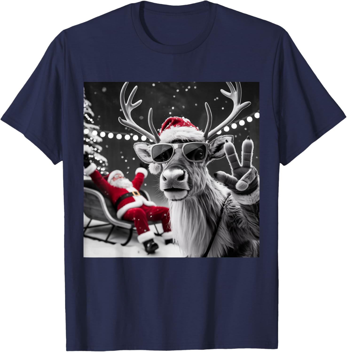 Funny Reindeer Selfie Christmas T-Shirt - T-Shirt | Navy