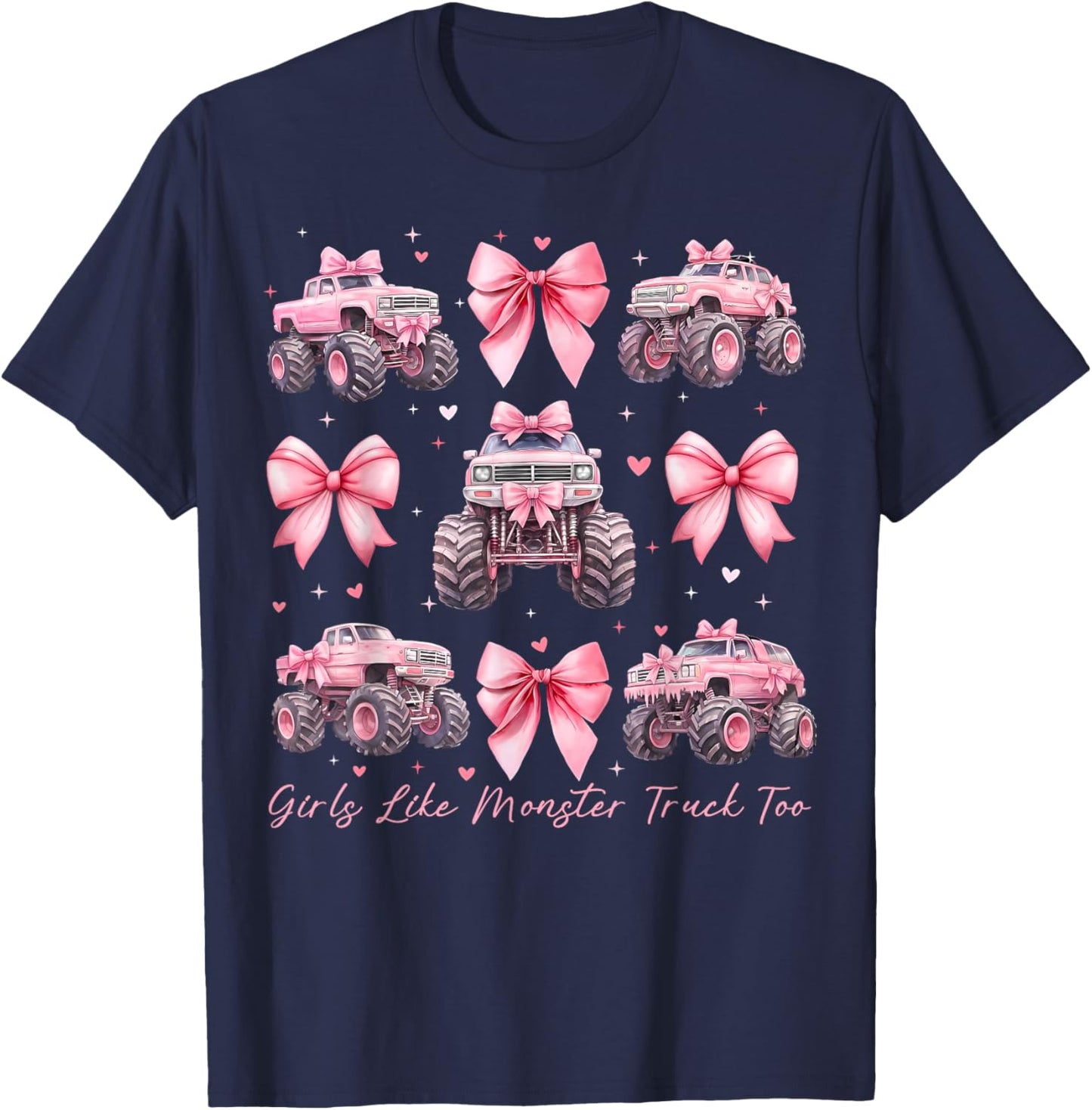 Girls Like Monster Truck Too Coquette Bow Monster Truck Kids T-Shirt - T-Shirt | Navy