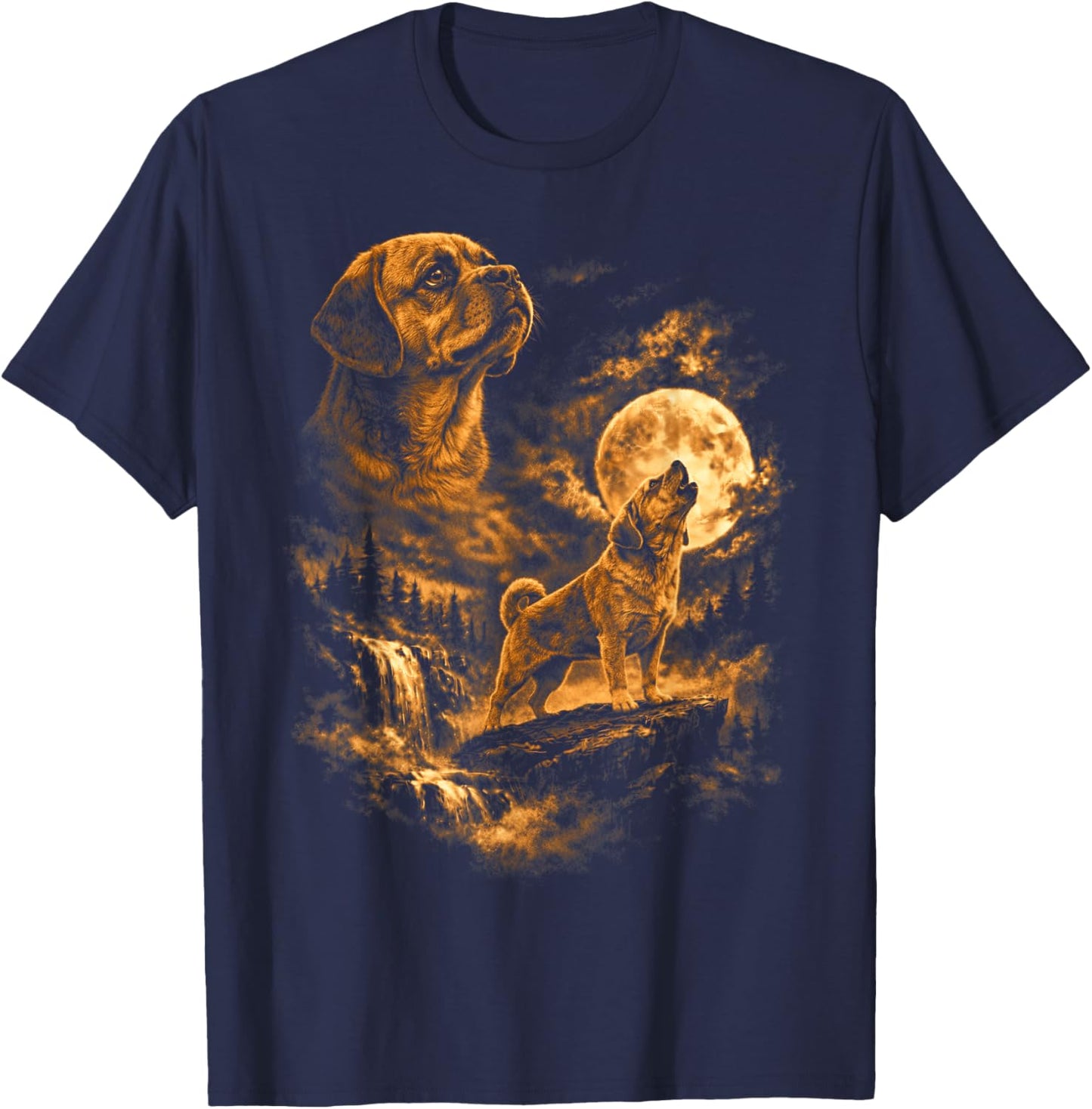 Puggles Howling Moon Dog Fantasy Forrest Wilderness T-Shirt - T-Shirt | Navy