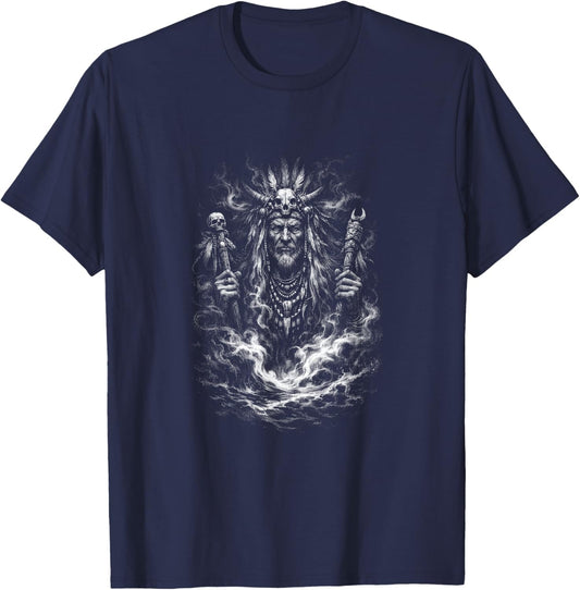 Dark Shaman Skull Sorcerer Tribal Spirit Ritual T-Shirt - T-Shirt | Navy