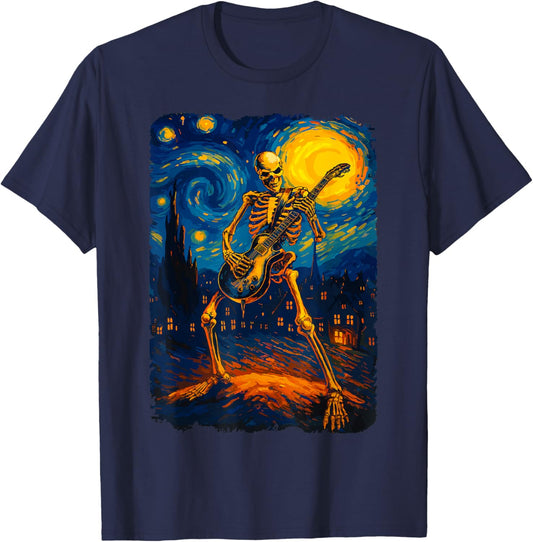 Halloween Skeleton Starry Night Playing Guitar Rock and Roll T-Shirt - T-Shirt | Navy