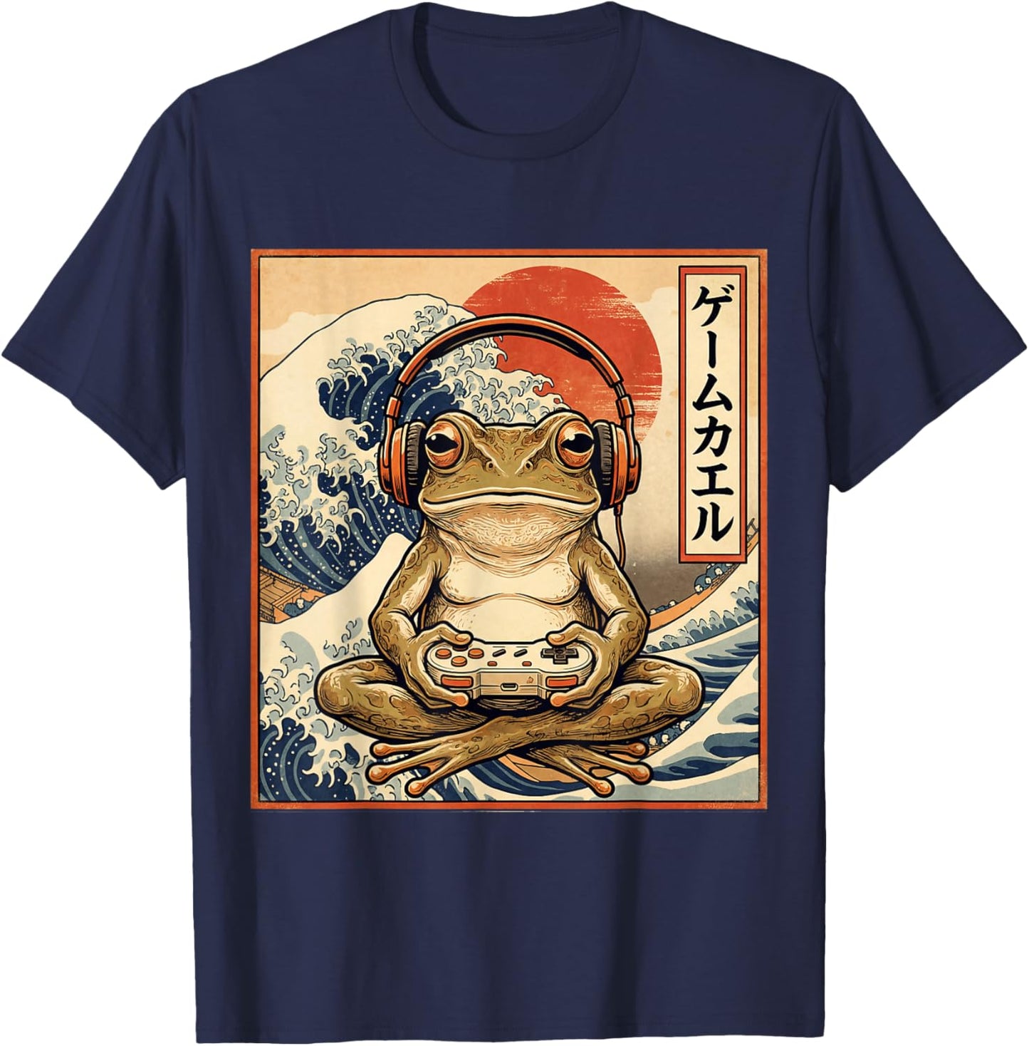 Japanese Gaming Frog Great Wave Retro Gamer Anime Vintage T-Shirt - T-Shirt | Navy