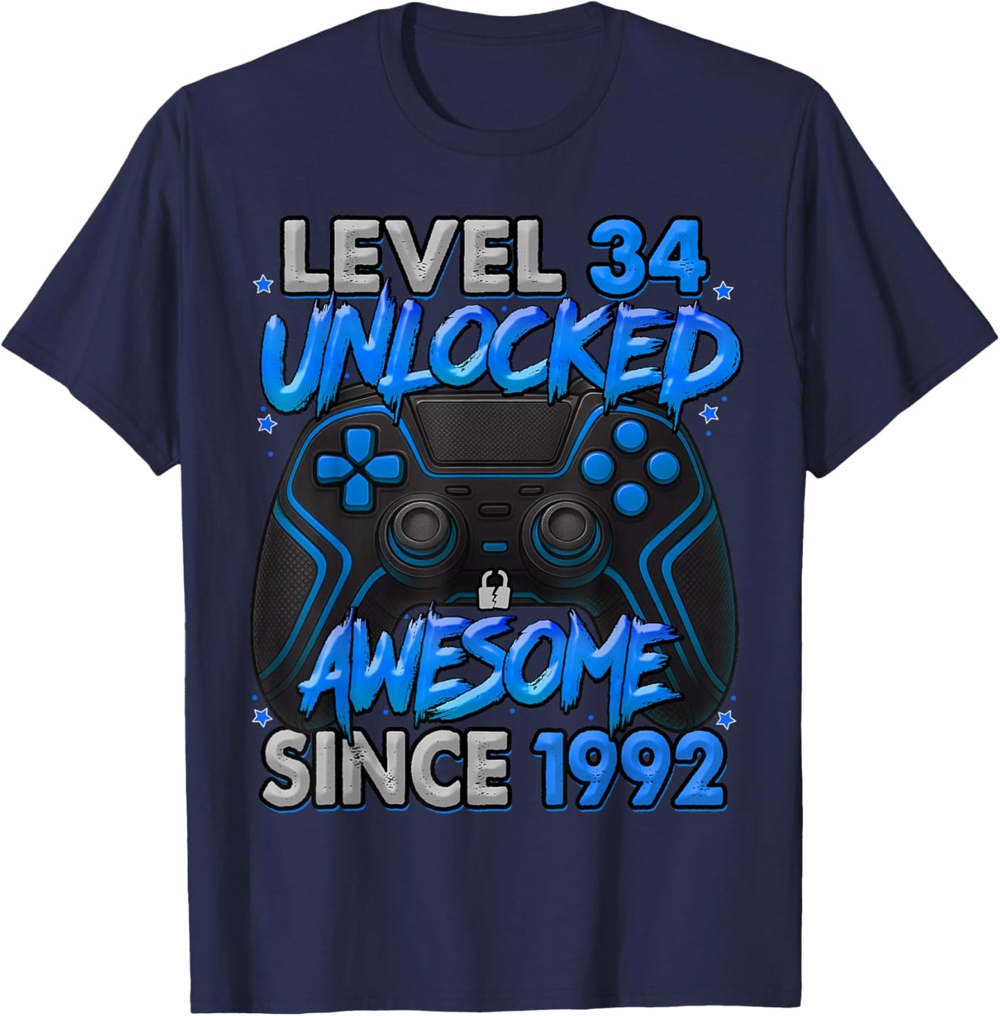 Level 34 Unlocked Awesome Since 1992 34th Birthday Gaming T-Shirt - T-Shirt | Navy