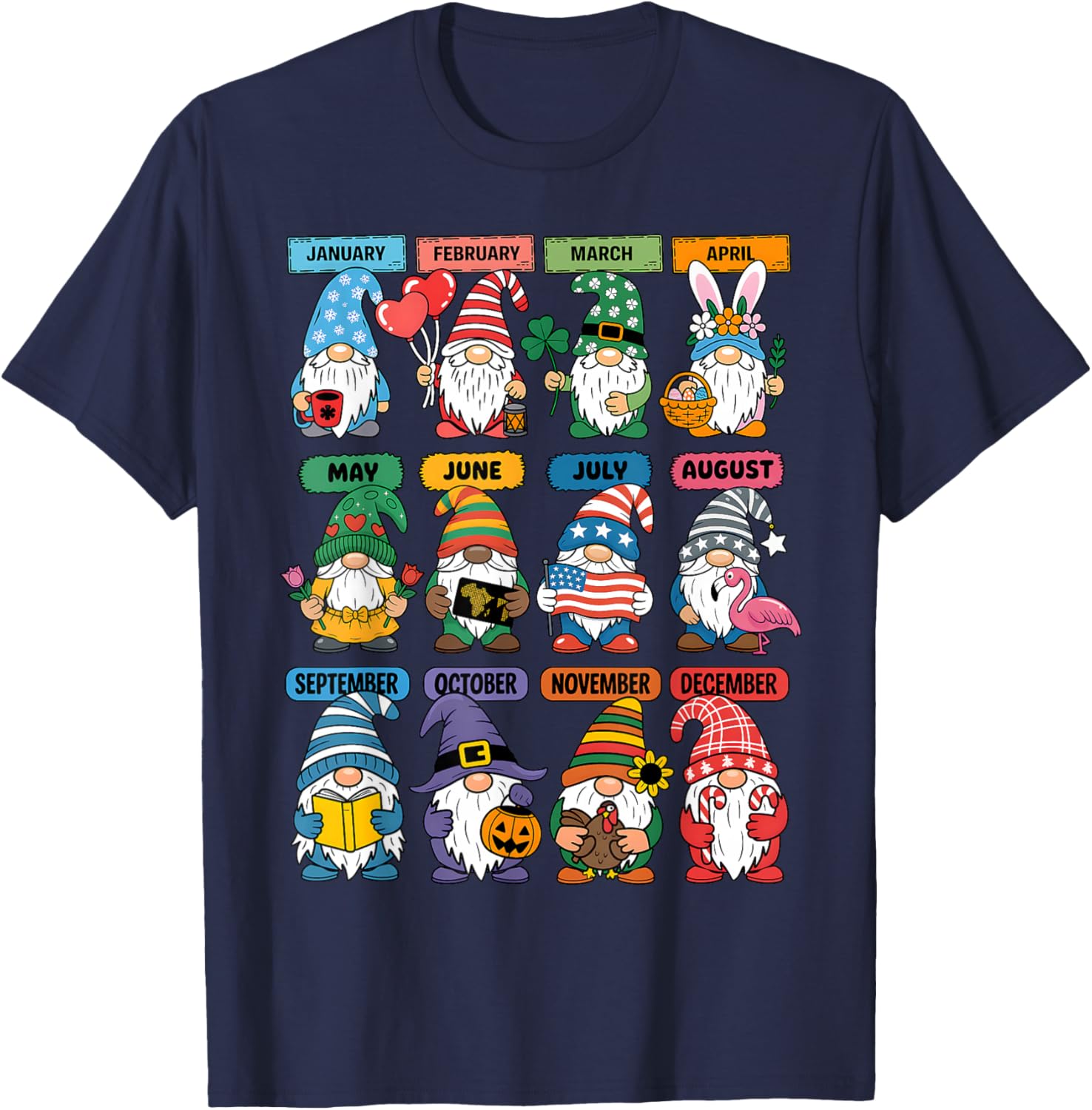 Cute Gnome Every Season Holiday Gnomes 12 Months of Gnomes T-Shirt - T-Shirt | Navy
