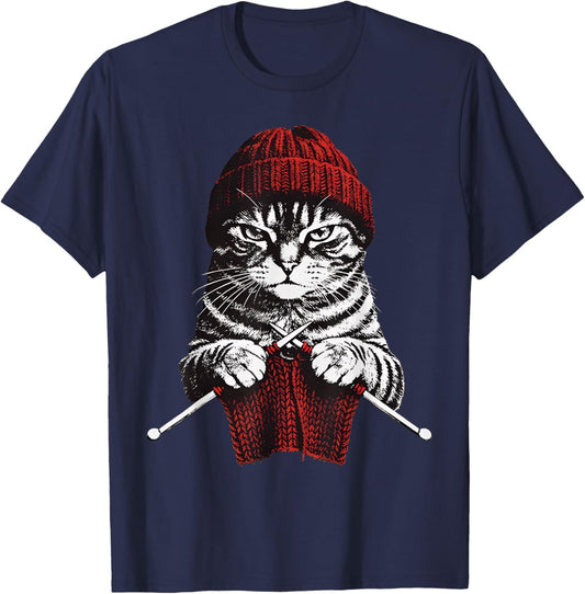 Vintage Knitting Cat Crochet Yarn Lover Cute Cat T-Shirt - T-Shirt | Navy