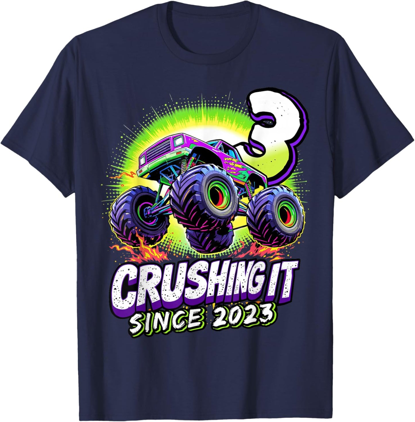 Birthday Monster Truck 3 Year Old Boys 3rd Party Born 2023 T-Shirt - T-Shirt | Navy