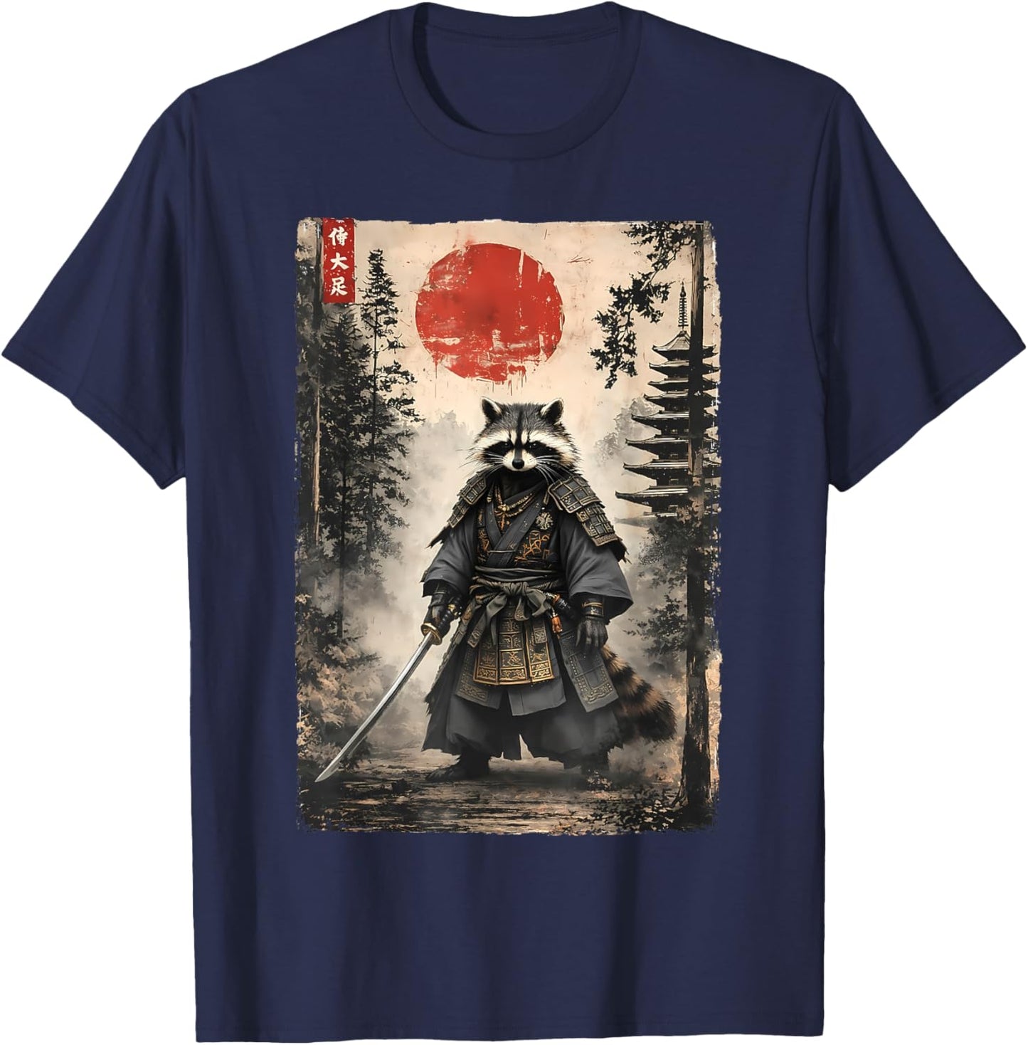 Samurai Raccoon Warrior Vintage Graphic Funny Japanese T-Shirt - T-Shirt | Navy