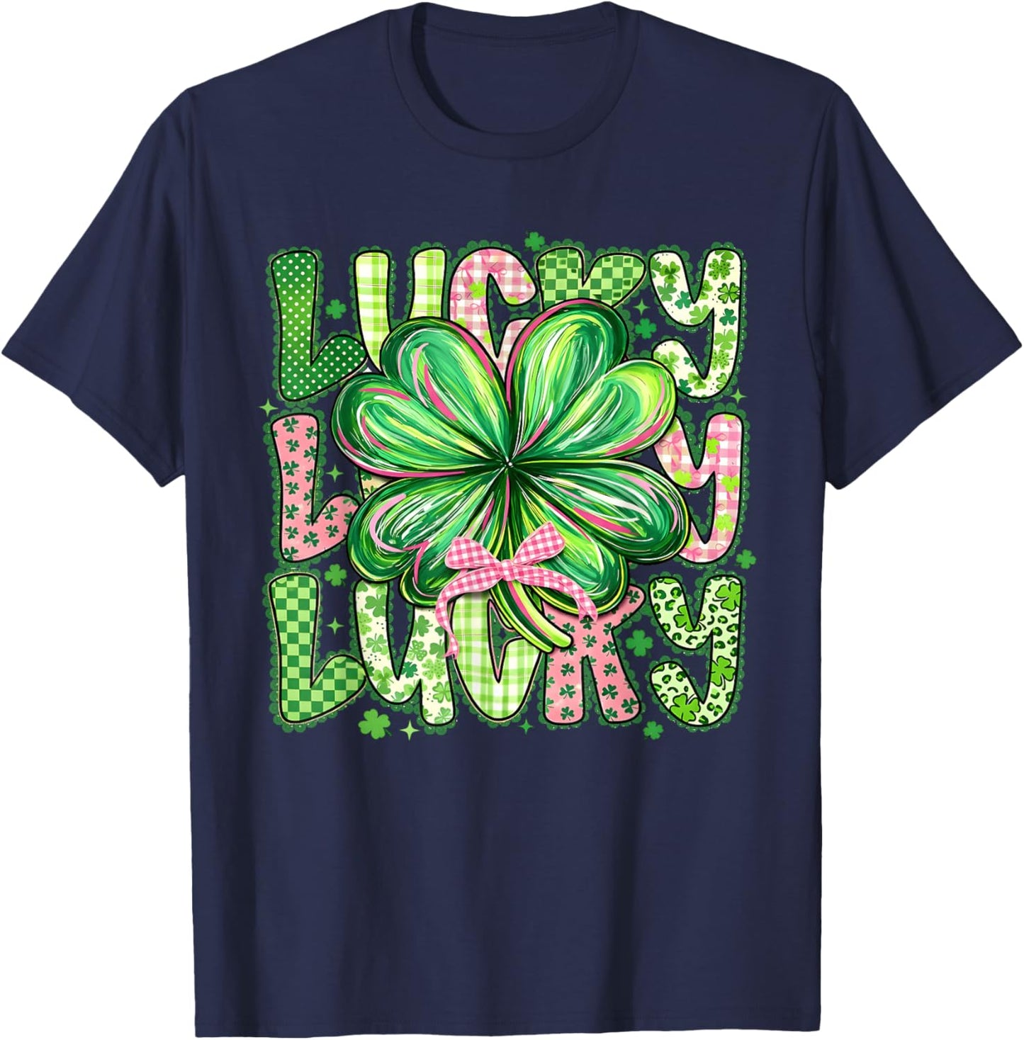 Preppy Lucky St Patrick's Day Coquette Bow Shamrock T-Shirt - T-Shirt | Navy