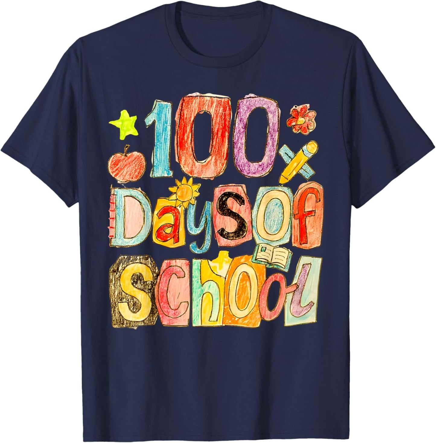 100 Days of School Crayon Art 100th Day Teacher Boys Girls T-Shirt - T-Shirt | Navy