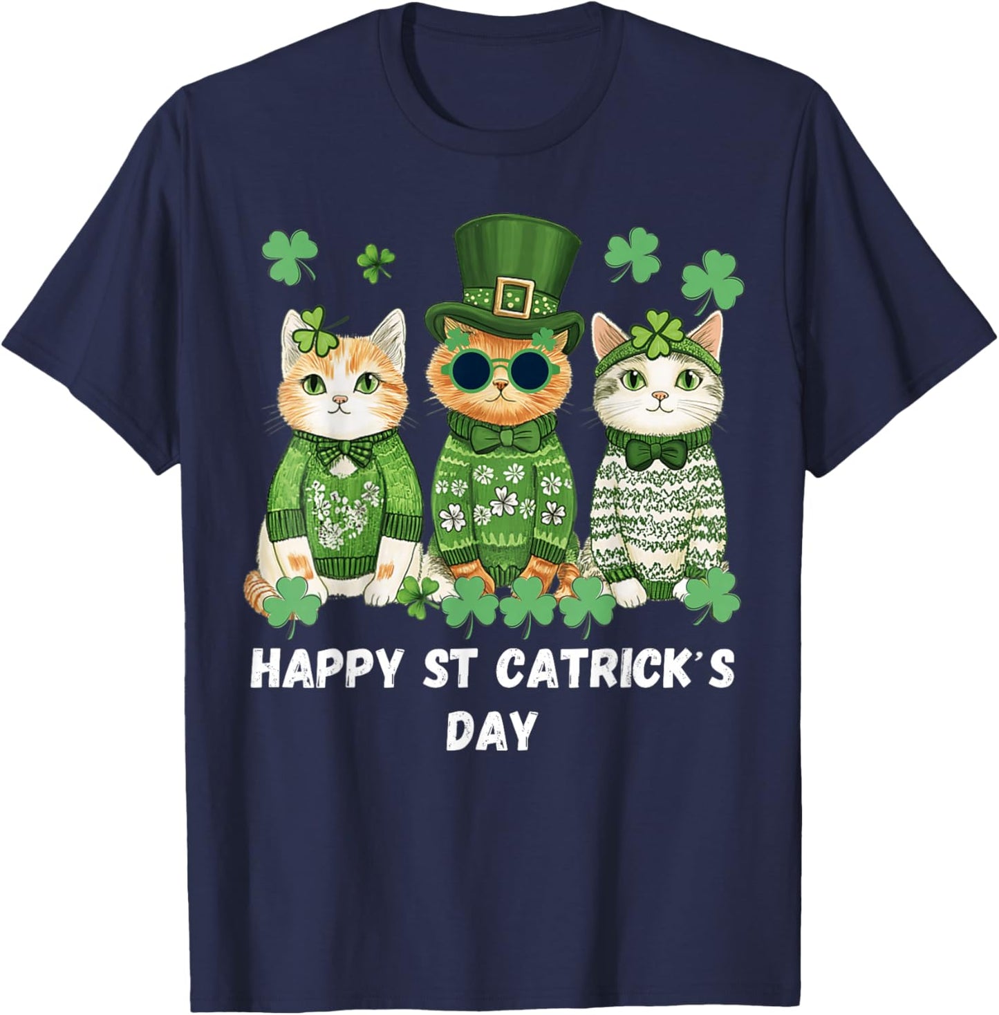Happy St Patrick’s Cats Cute Cat St Patrick’s Day T-Shirt - T-Shirt | Navy