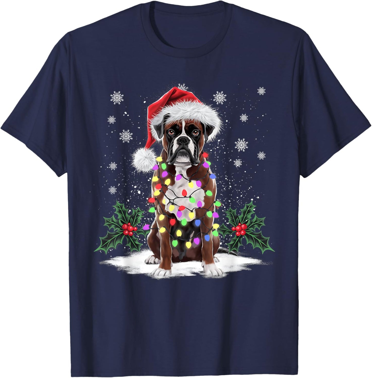 Funny Boxer Dog Santa Hat Men Women Christmas Xmas T-Shirt - T-Shirt | Navy