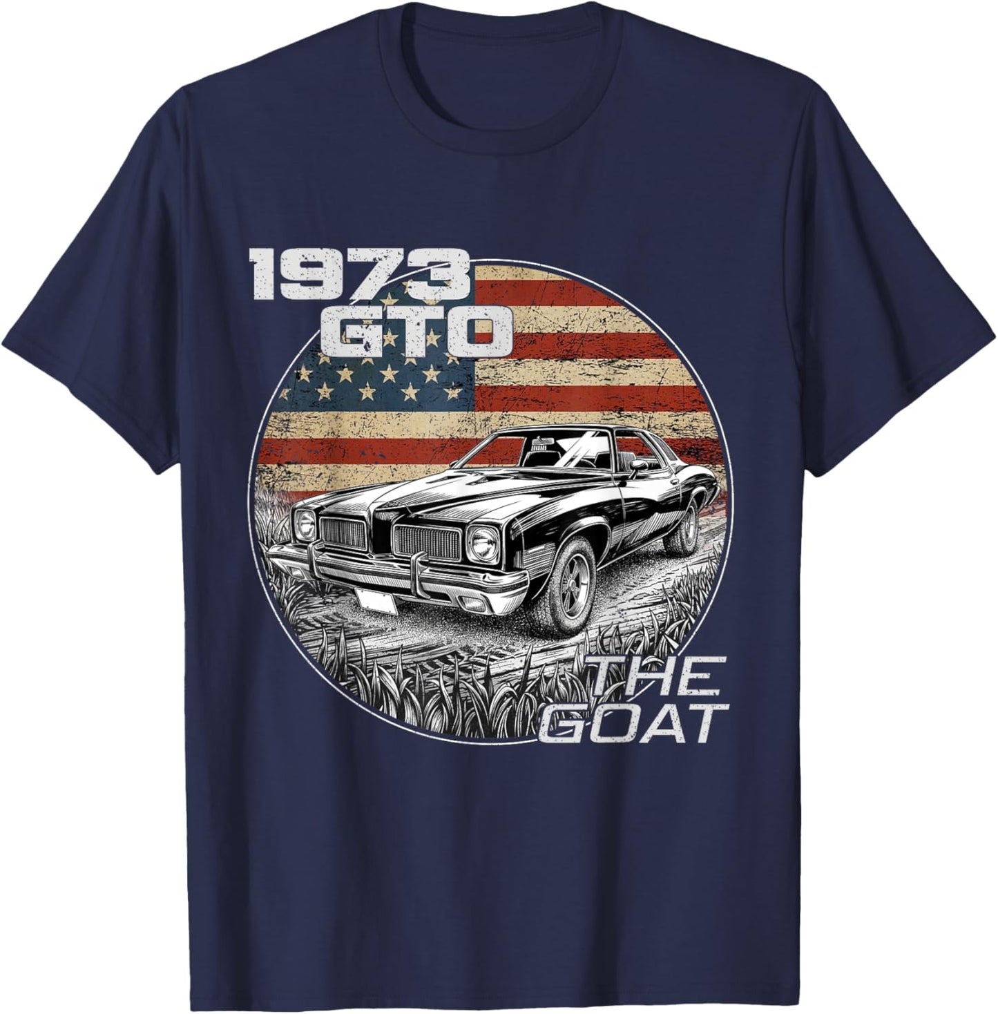 73 1973 GTO American Flag Silhouette Muscle Car T-Shirt - T-Shirt | Navy