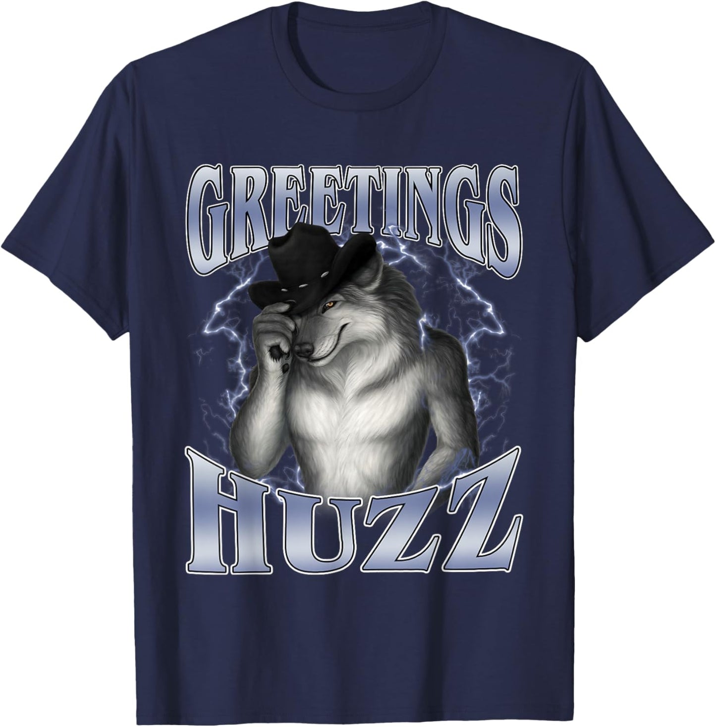 Greetings Huzz Funny Alpha Wolf Meme Unhinged Brainrot T-Shirt - T-Shirt | Navy