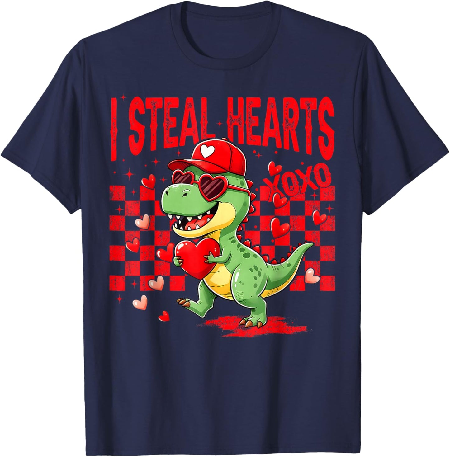 Retro Valentine Dinosaur Holding Heart, Cute I Steal Hearts T-Shirt - T-Shirt | Navy
