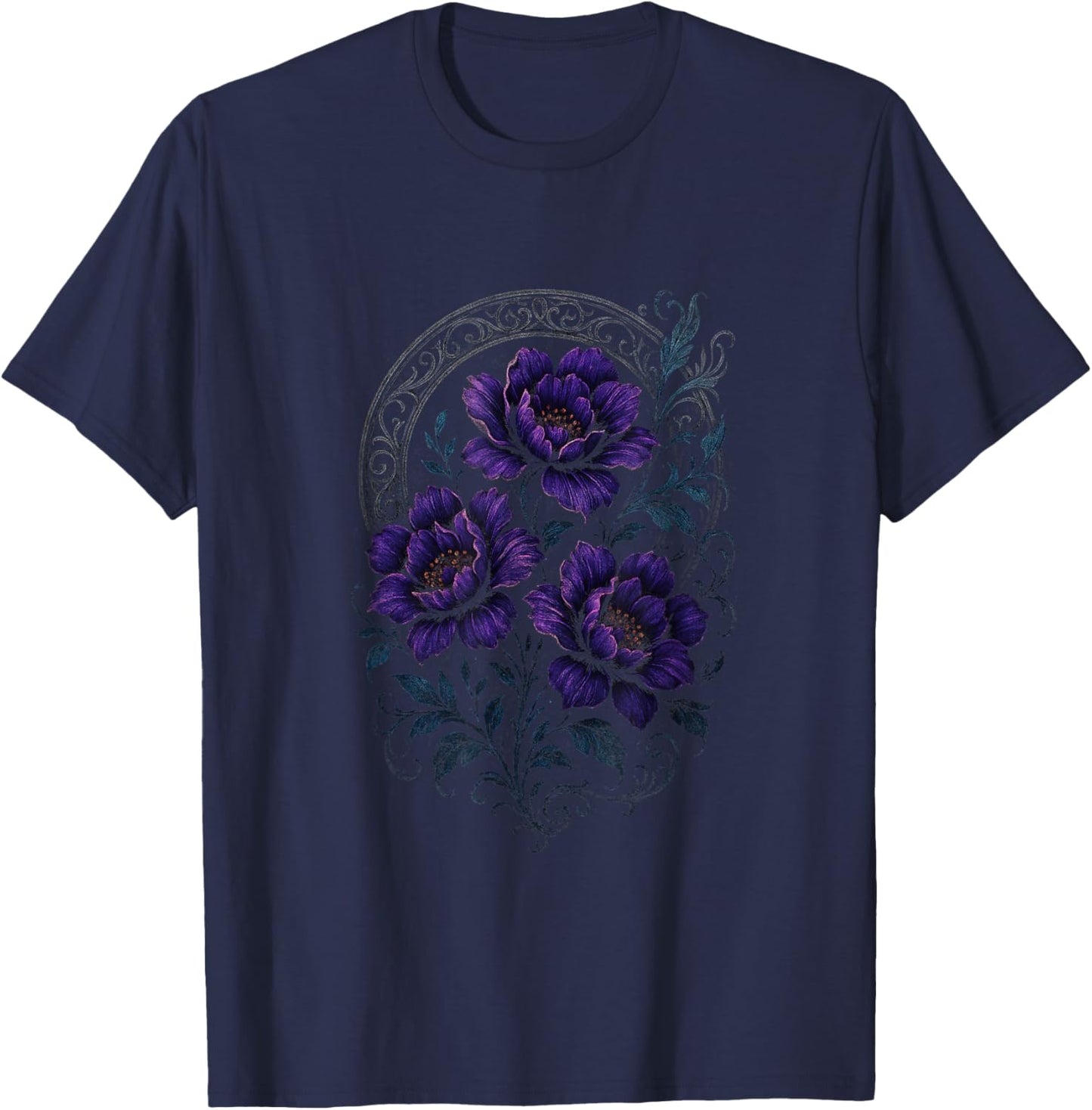 Mystic Gothic Flowers - Dark Witchcraft Aesthetic T-Shirt - T-Shirt | Navy
