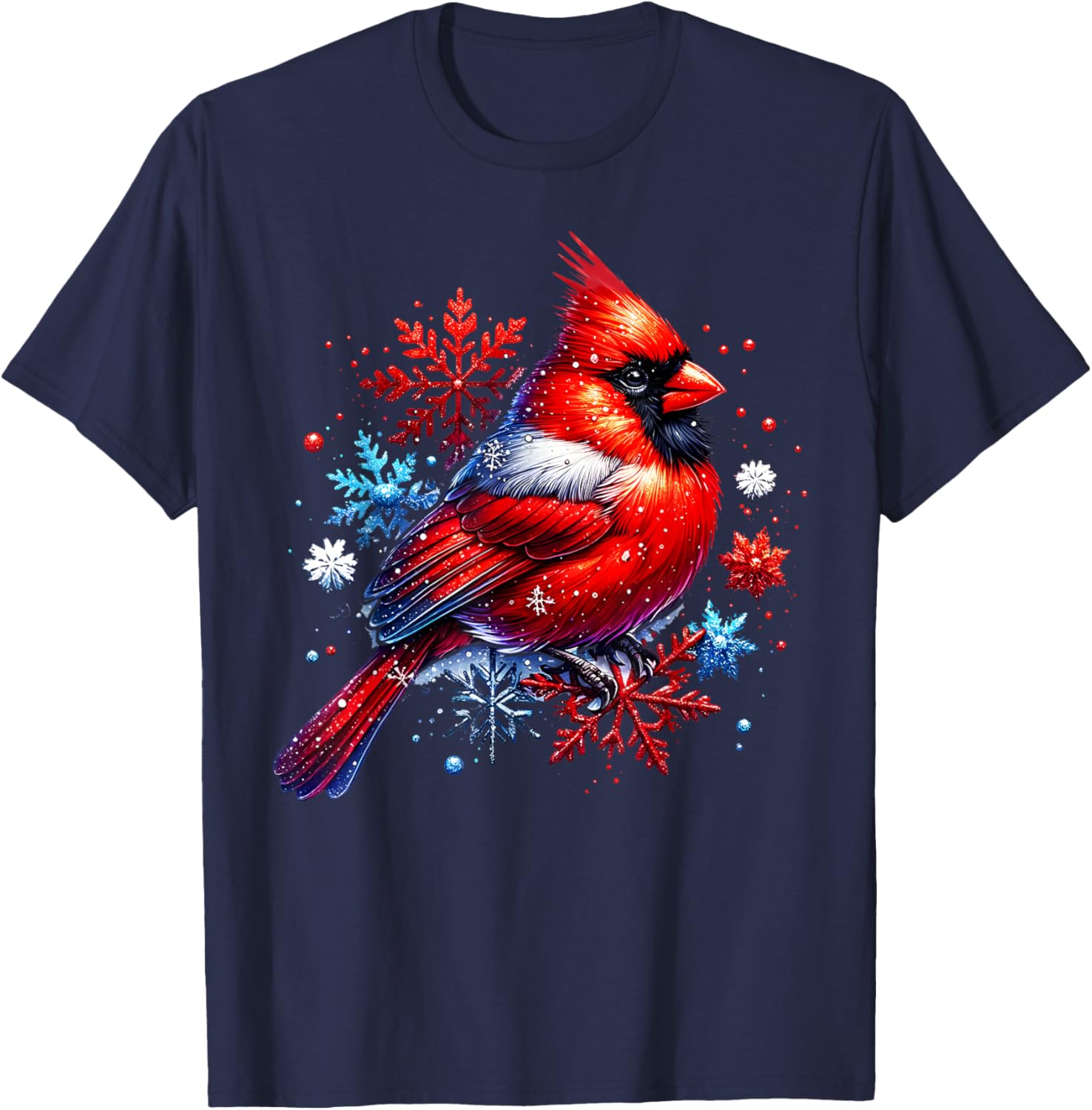 Red Cardinal Floral Snowflakes Winter Christmas Bird Lover T-Shirt - T-Shirt | Navy