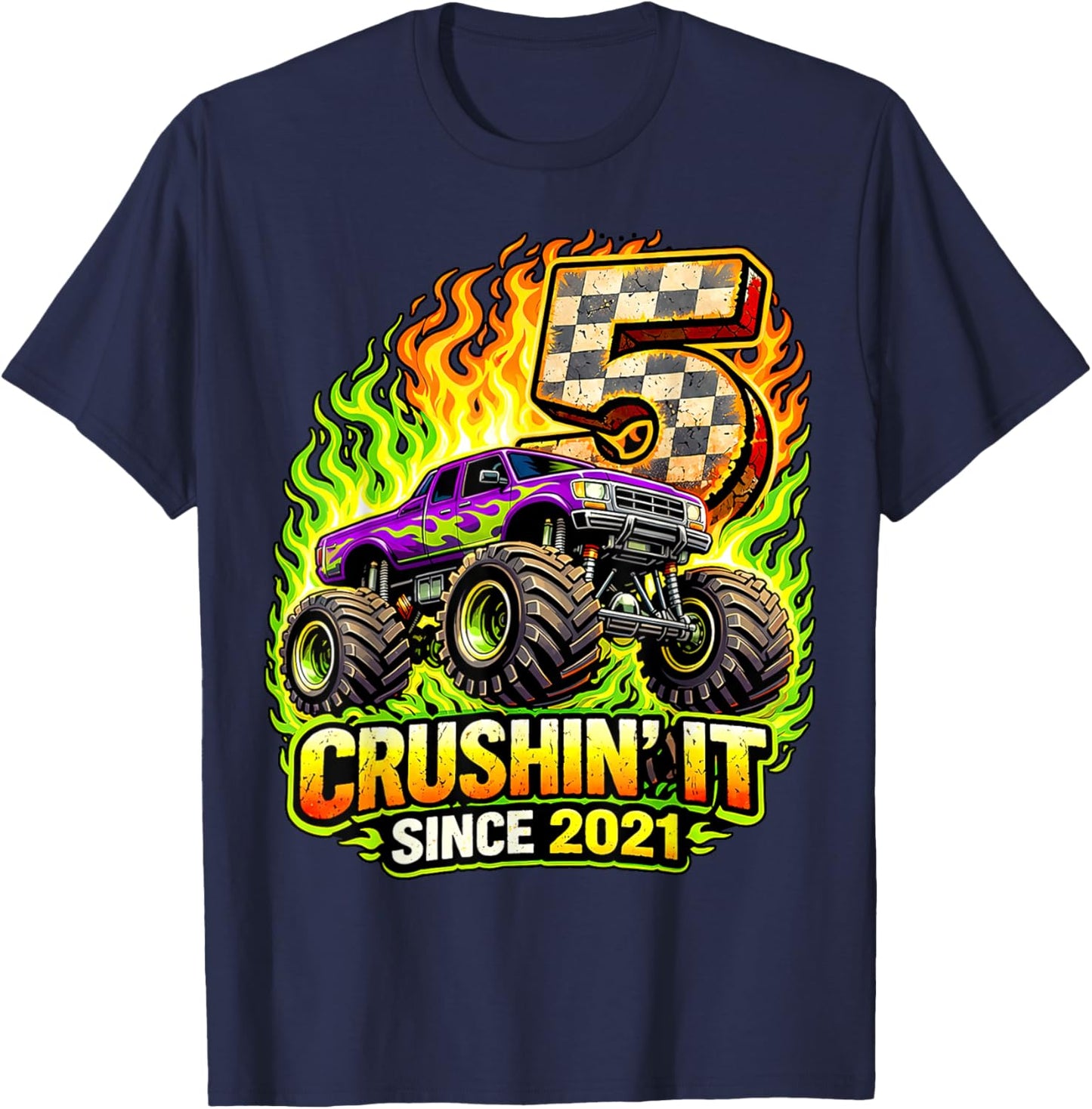 Birthday Monster Truck 5 Year Old Boys 5th Party Born 2021 T-Shirt - T-Shirt | Navy