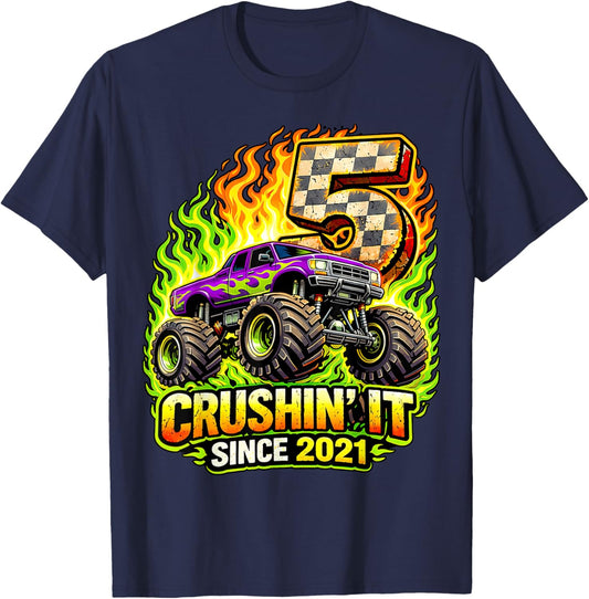 Birthday Monster Truck 5 Year Old Boys 5th Party Born 2021 T-Shirt - T-Shirt | Navy