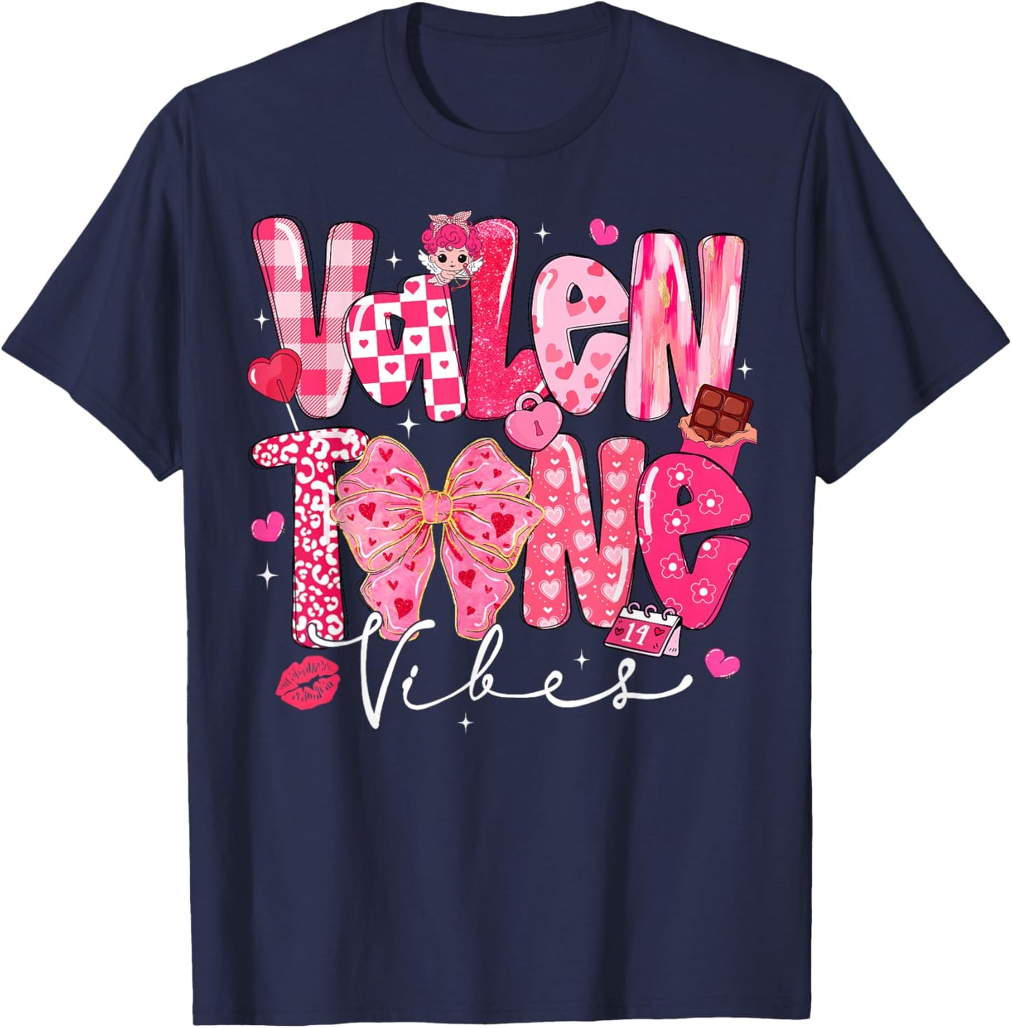 Valentine Vibes Cute Coquette Bow Red Heart Girl Women Kid T-Shirt - T-Shirt | Navy