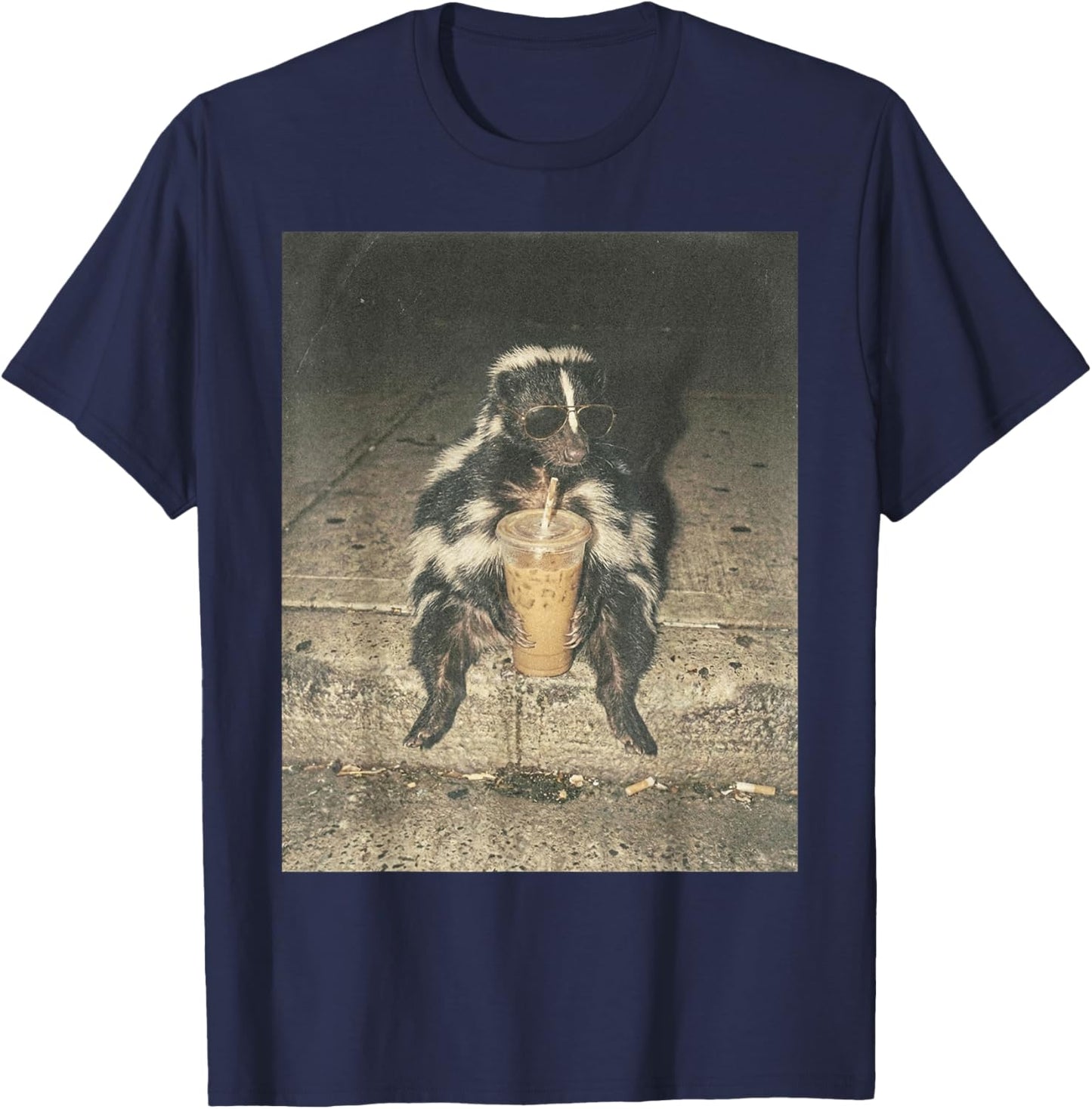 Funny Skunk Drinking Iced Coffee Meme Trash Animal Graphic T-Shirt - T-Shirt | Navy