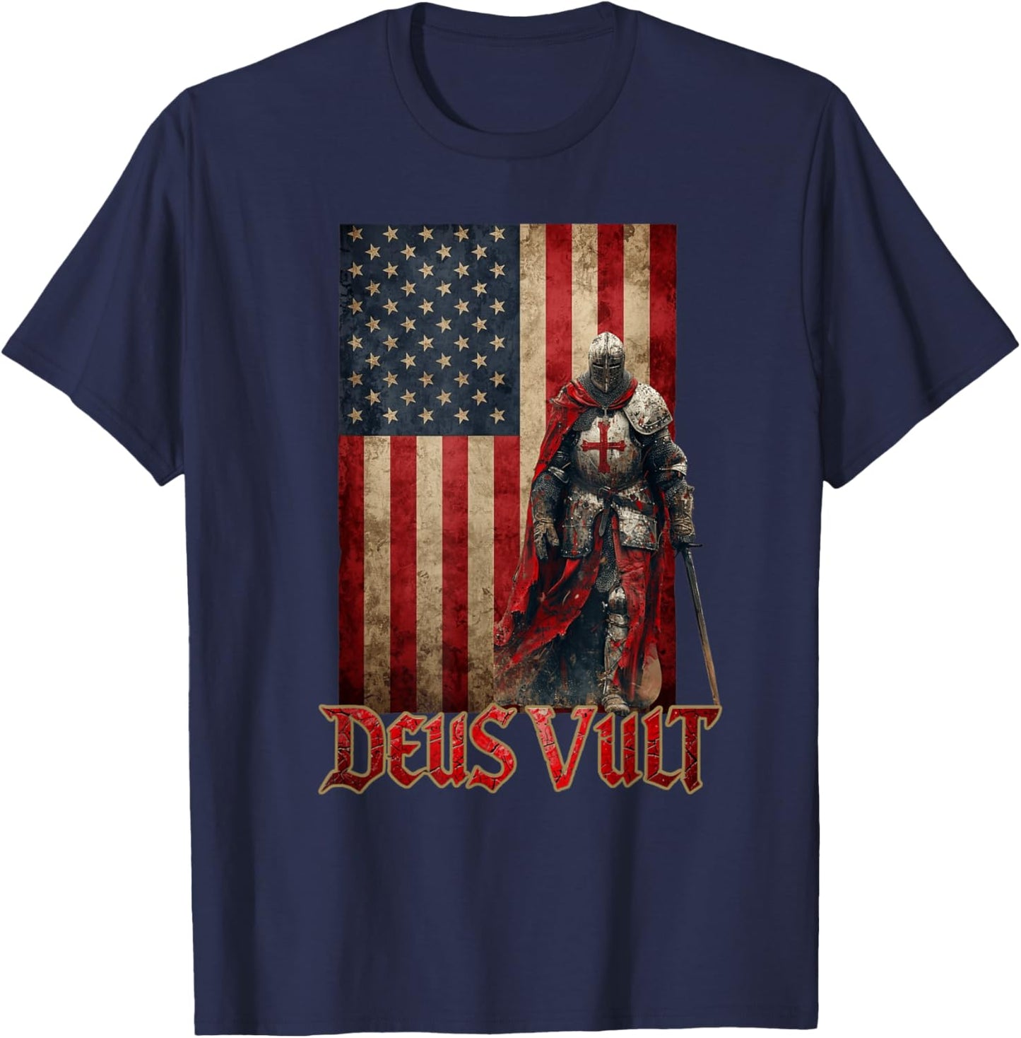 Deus Vult Knight Templar American Flag Crusader T-Shirt - T-Shirt | Navy