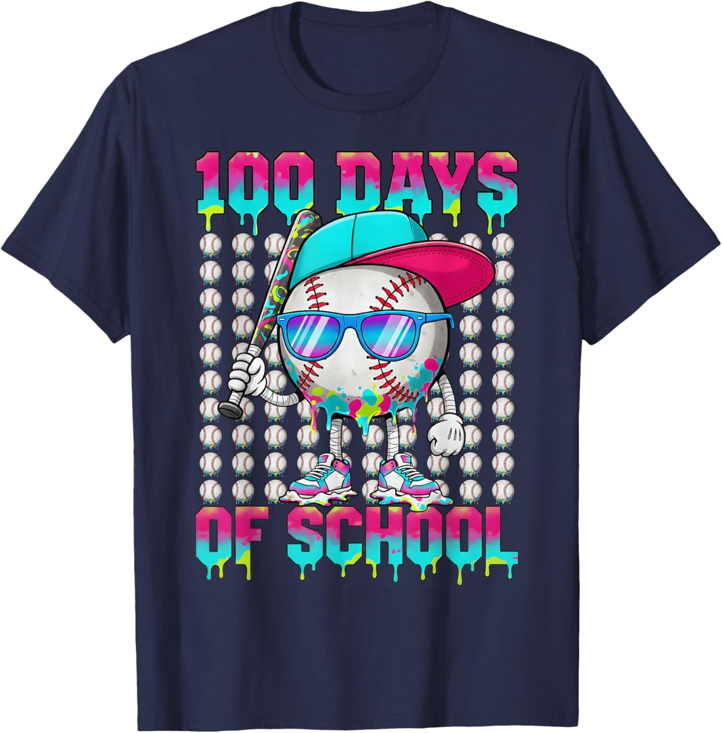 100 Days of School Baseball Drip Ice Cream Boys Kids T-Shirt - T-Shirt | Navy
