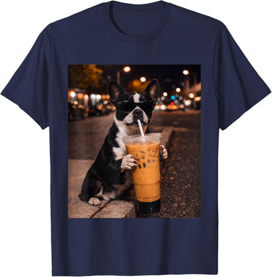 Boston Terrier Dog Drinking Iced Coffee Lover Humor Funny T-Shirt - T-Shirt | Navy