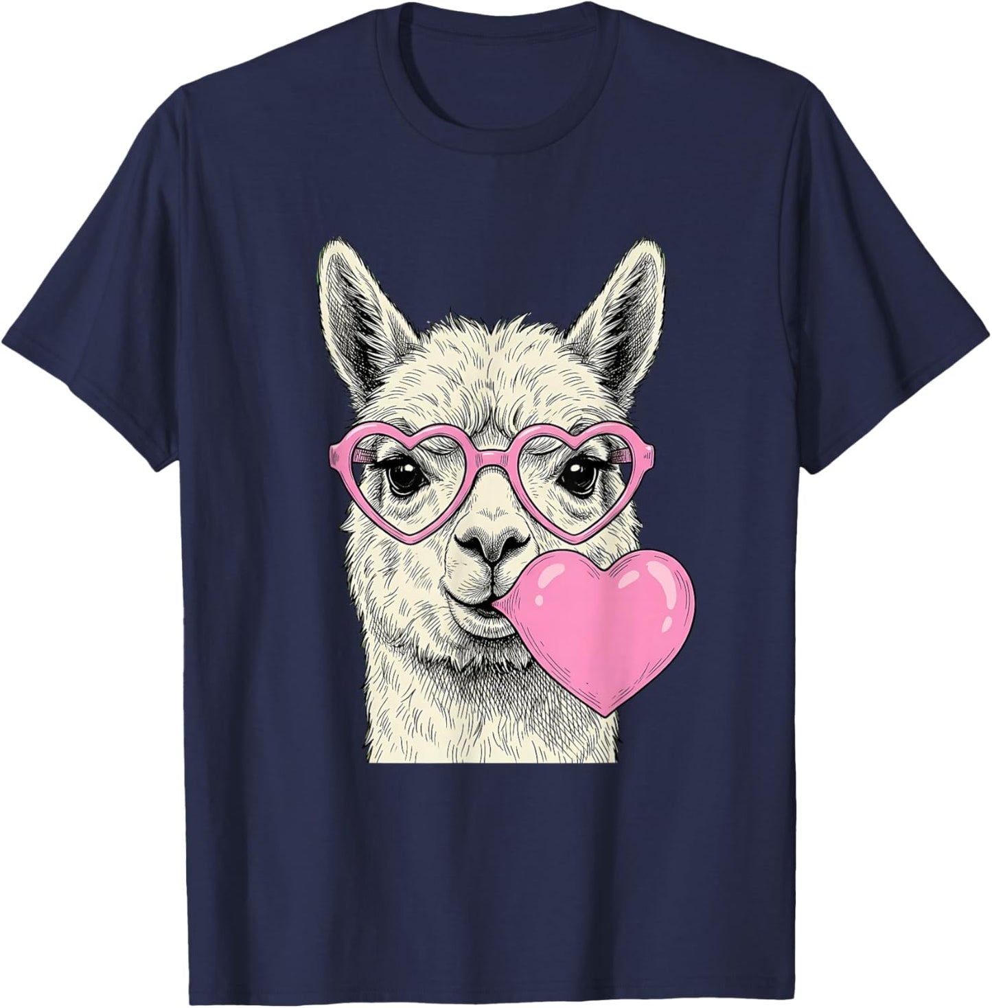 Cute Alpaca Blowing Pink Valentine Heart Bubble Gum T-Shirt - T-Shirt | Navy