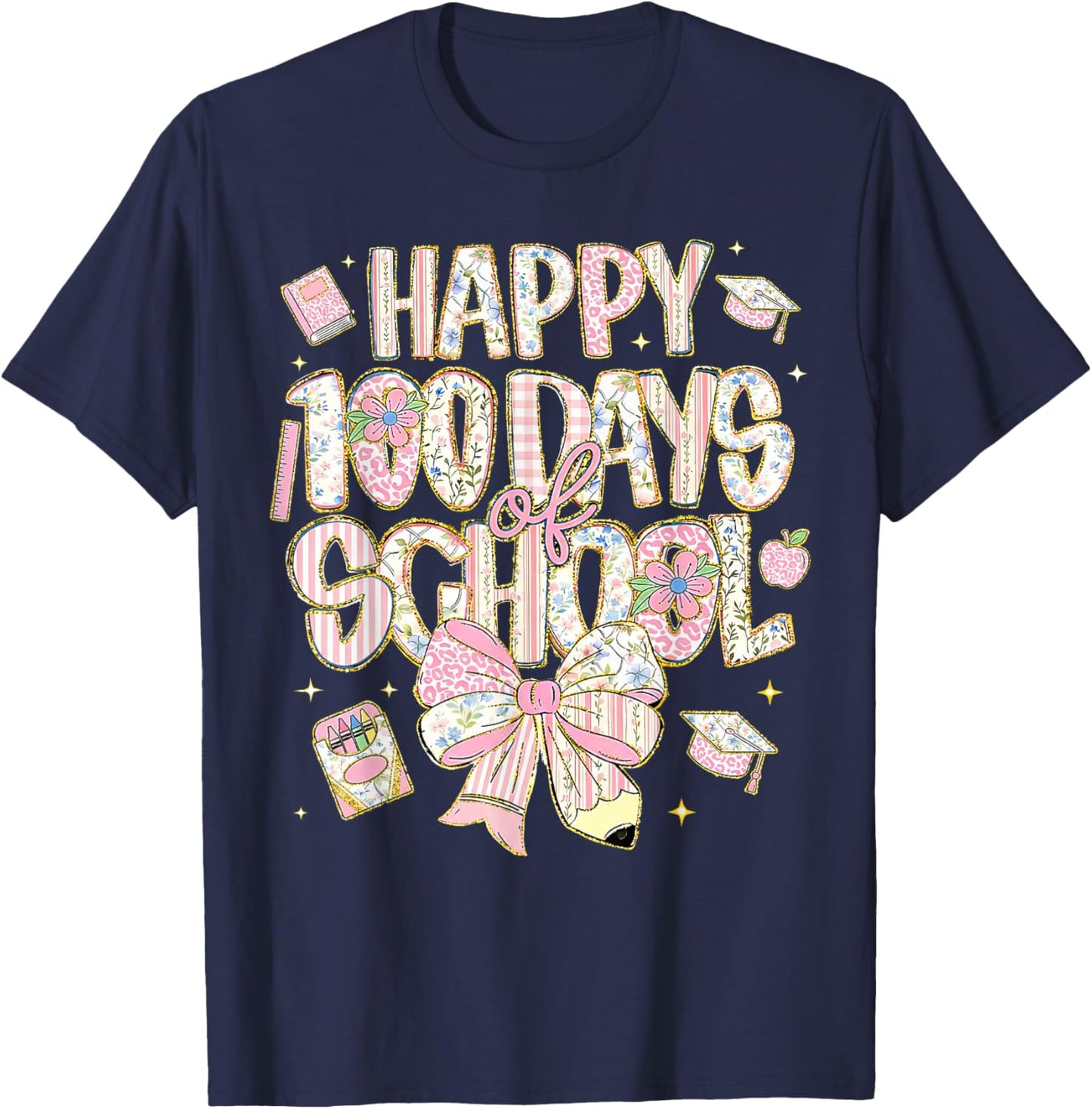 100th Day of School Preppy 100 Days Teacher Kid Coquette Bow T-Shirt - T-Shirt | Navy