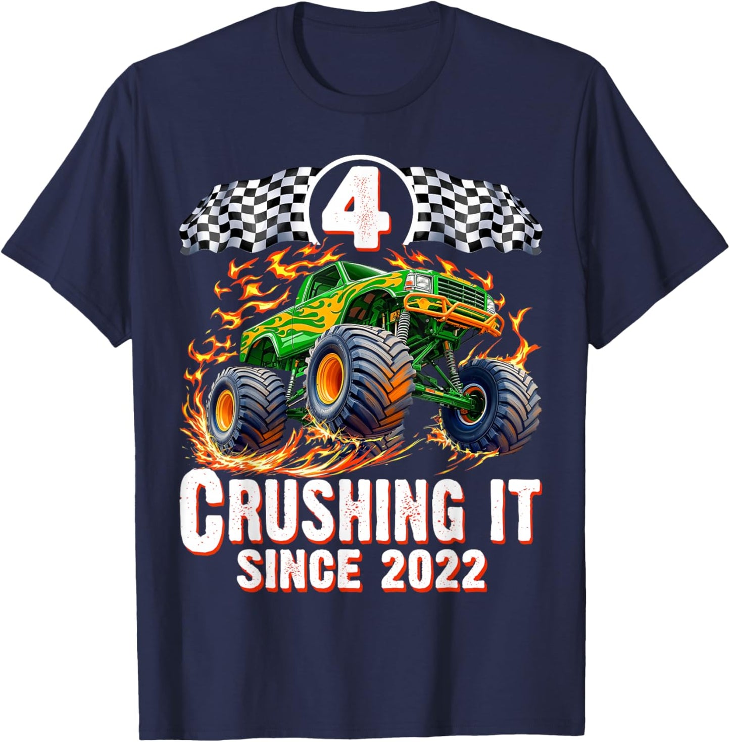 Birthday Monster Truck 4 Year Old Boys 4th Party Born 2022 T-Shirt - T-Shirt | Navy