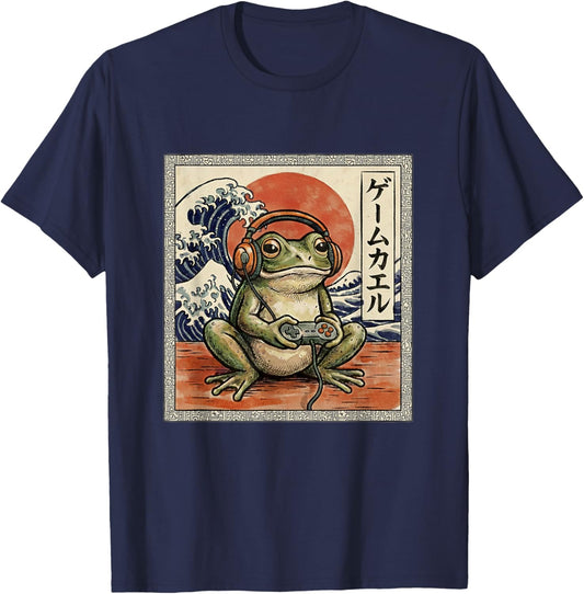 Gaming Frog Art Ukiyo-e Japanese Gamer Anime Men Women Boys T-Shirt - T-Shirt | Navy