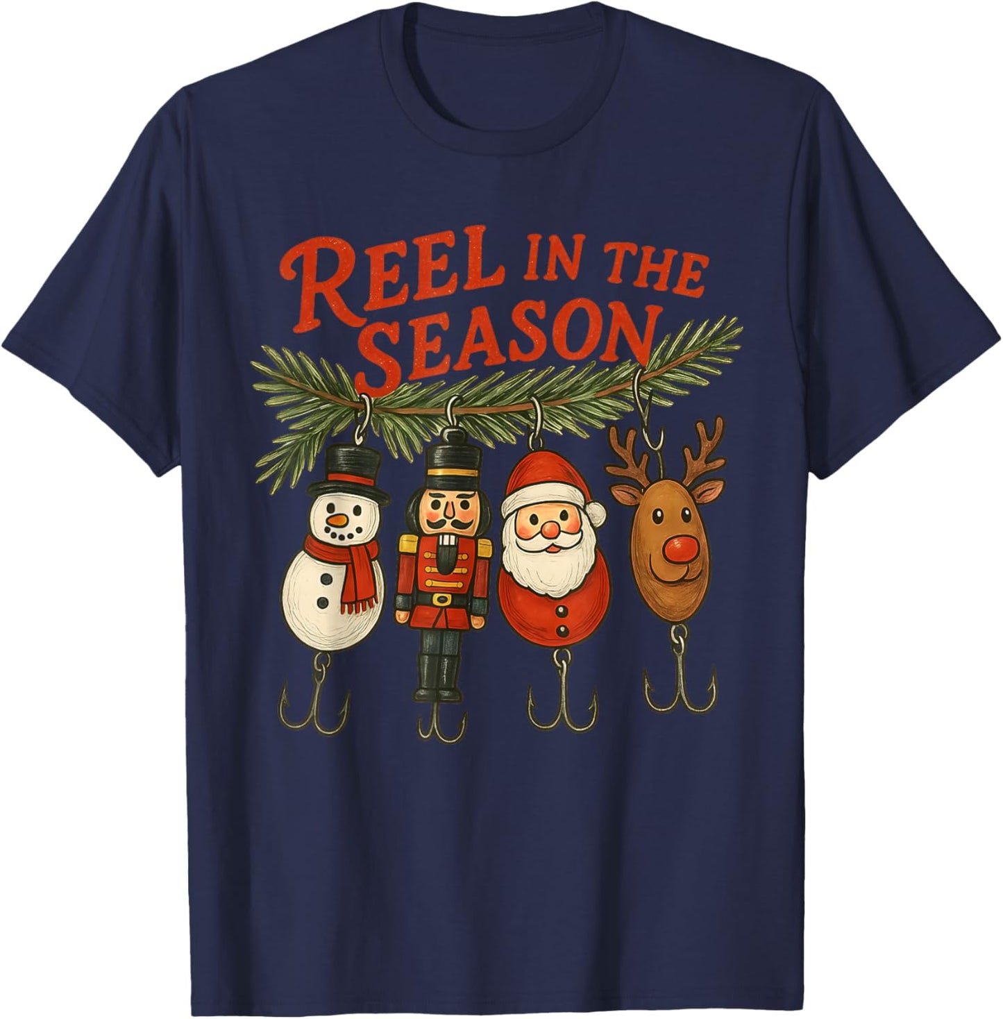 Reel in The Season Christmas Fishing Funny Fisherman Xmas T-Shirt - T-Shirt | Navy