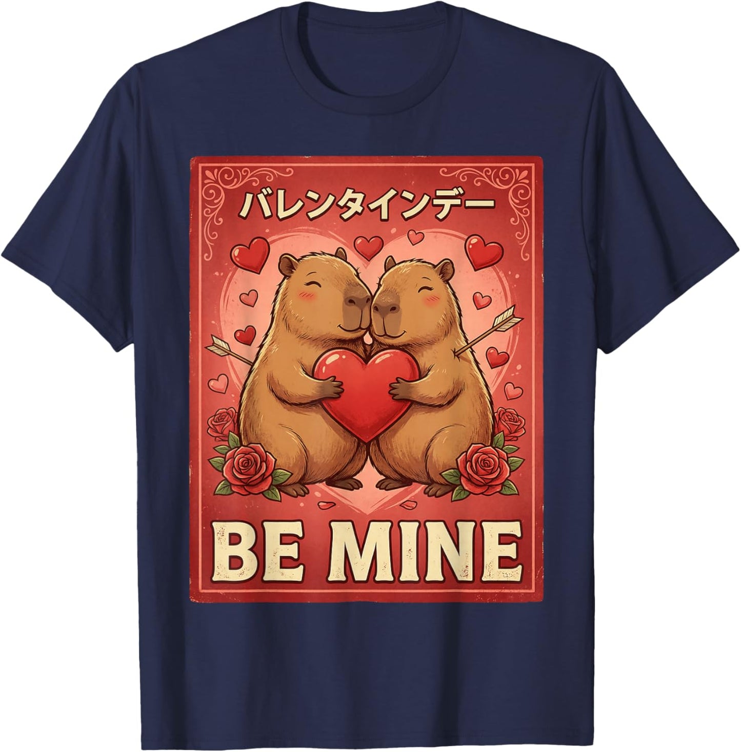 Capybara Valentine Japanese Valentine's Day T-Shirt - T-Shirt | Navy