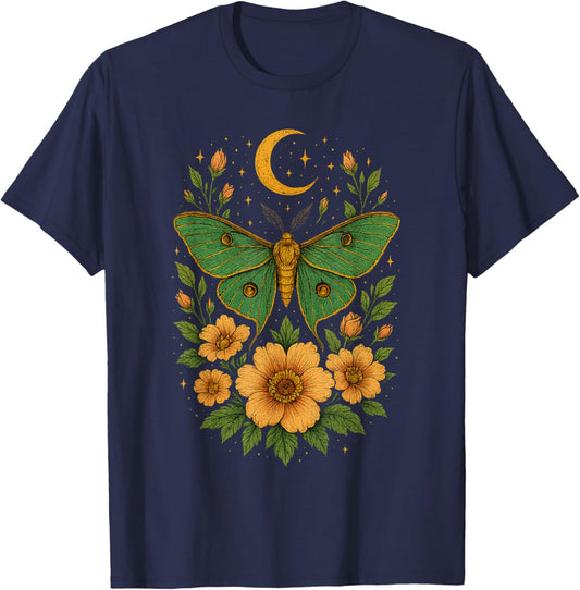 Goblincore Moth and Butterfly Moonphases Flowers Cottagecore T-Shirt - T-Shirt | Navy