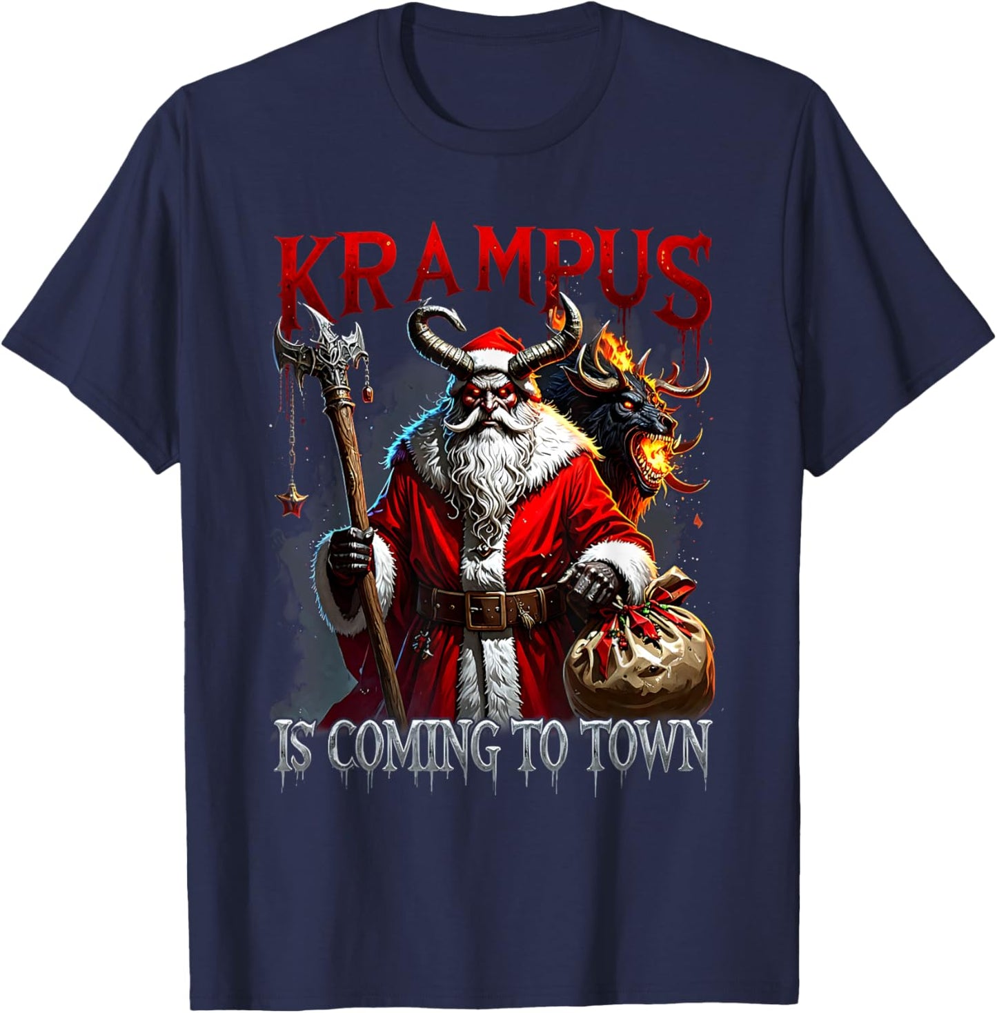 Xmas Horror Krampus Coming Town Merry Christmas Gothic T-Shirt - T-Shirt | Navy