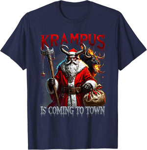 Xmas Horror Krampus Coming Town Merry Christmas Gothic T-Shirt - T-Shirt | Navy