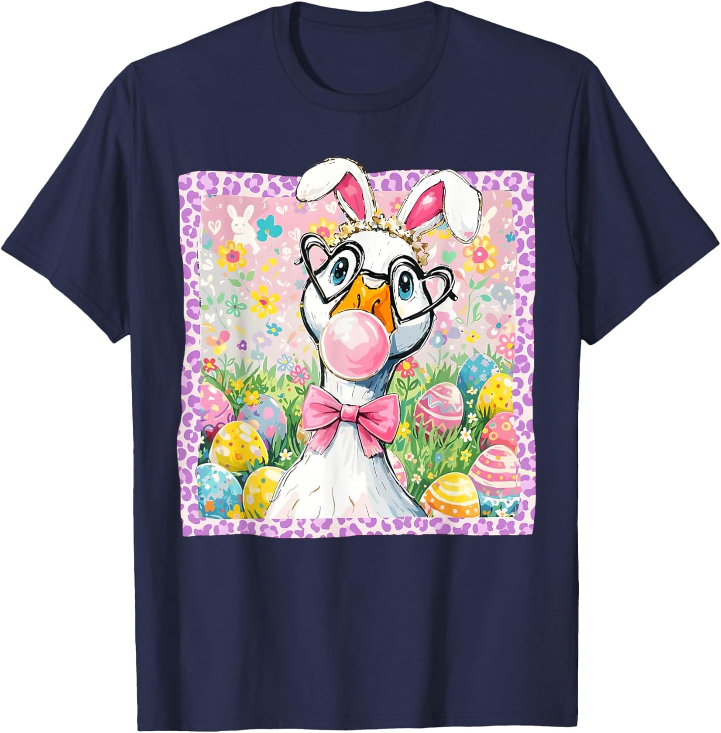 Preppy Easter Silly Goose Bubblegum Coquette Bunny Ears T-Shirt - T-Shirt | Navy