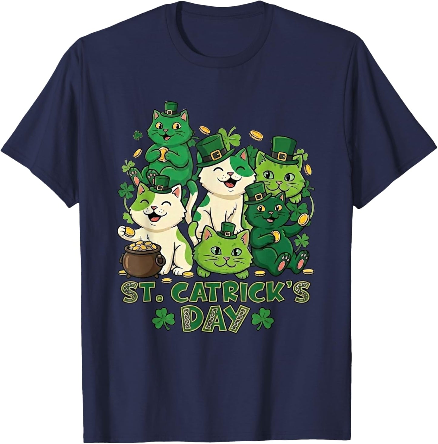 St Catricks Day Funny Cat Lover Leprechaun Kitten Graphic T-Shirt - T-Shirt | Navy