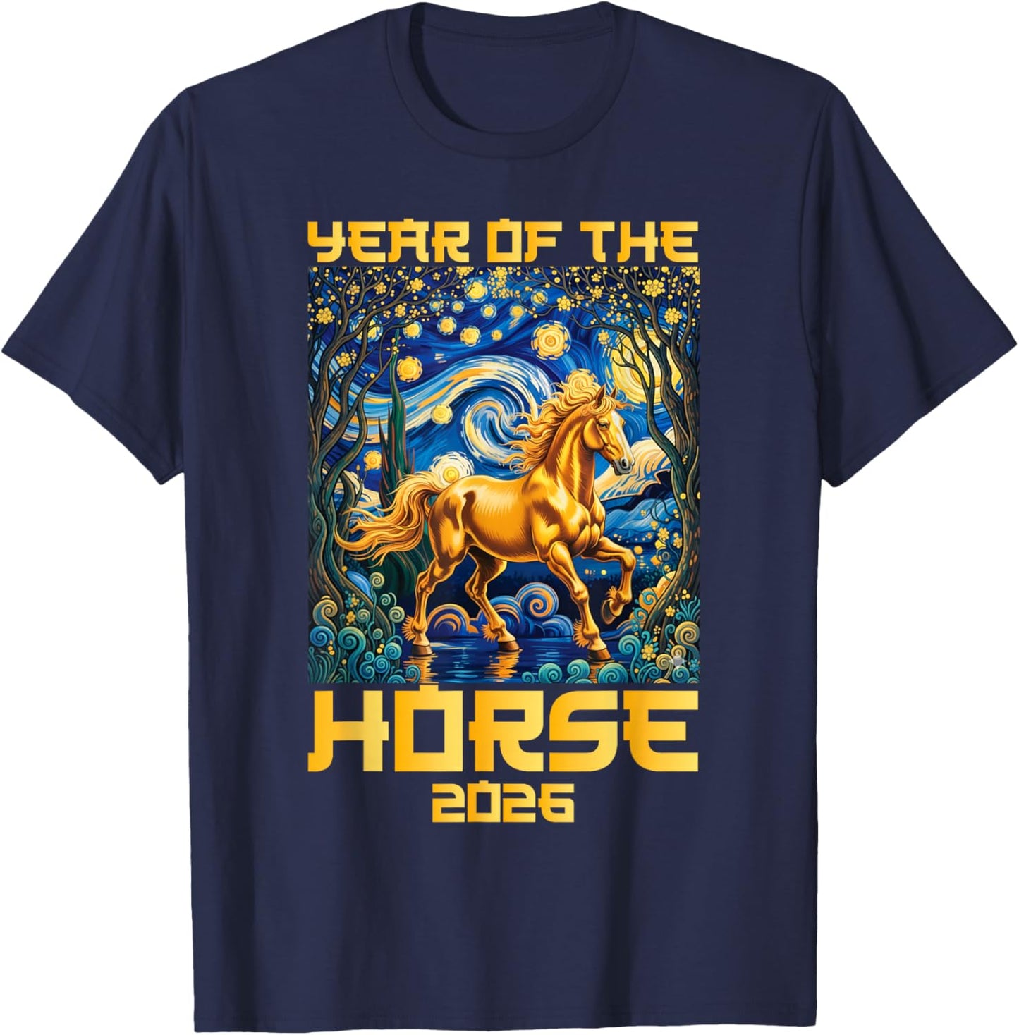 Lunar New Year 2026 Year of The Horse Van Gogh Starry Night T-Shirt - T-Shirt | Navy