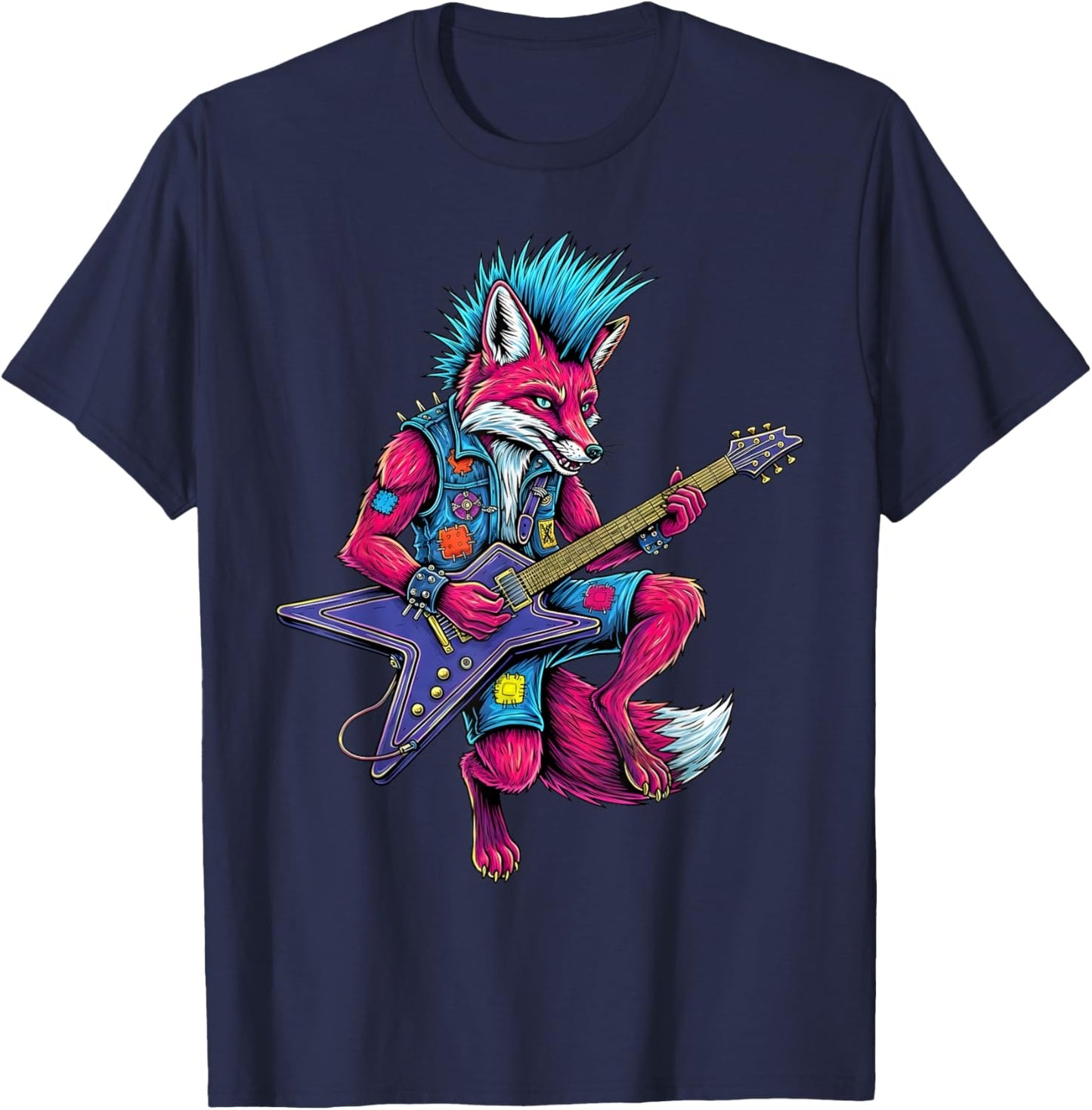 Funny Punk Fox Rocker Playing Electric Guitar Cool Music Art T-Shirt - T-Shirt | Navy