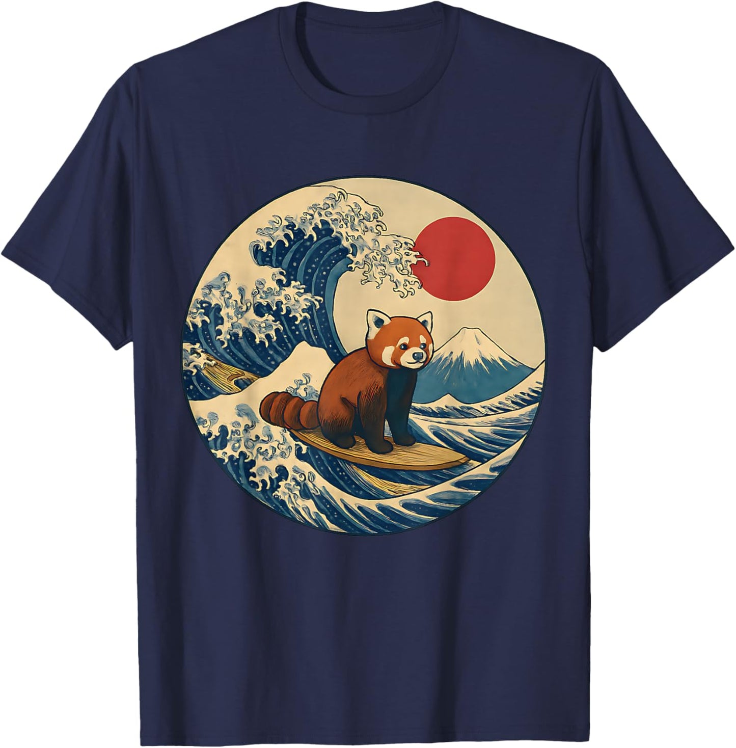 Japanese Surf Animal Red Panda Kanagawa Wave Graphic T-Shirt - T-Shirt | Navy