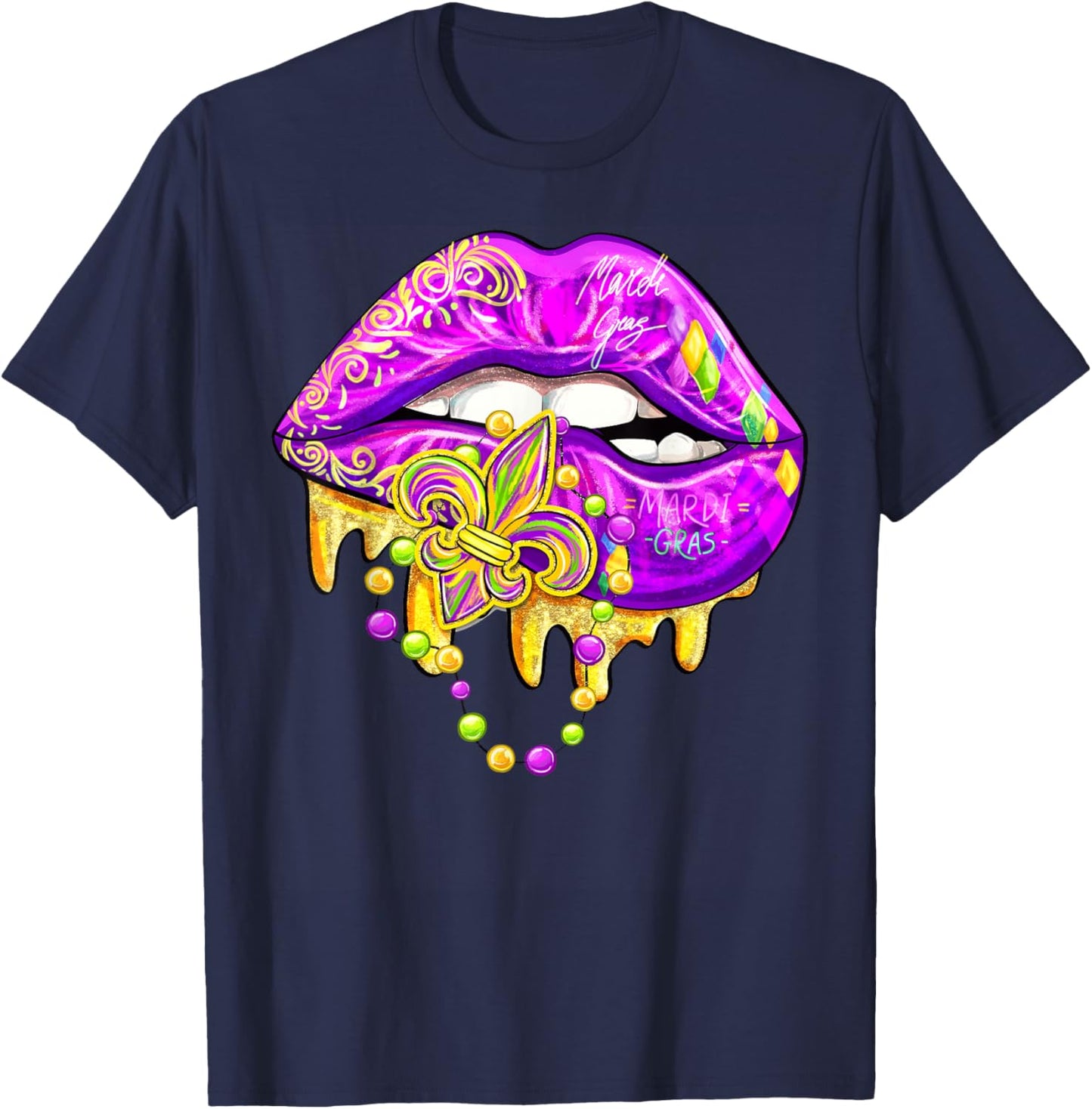 Mardi Gras Lips Carnival Fleur De Lis Costume Women Girl Kid T-Shirt - T-Shirt | Navy