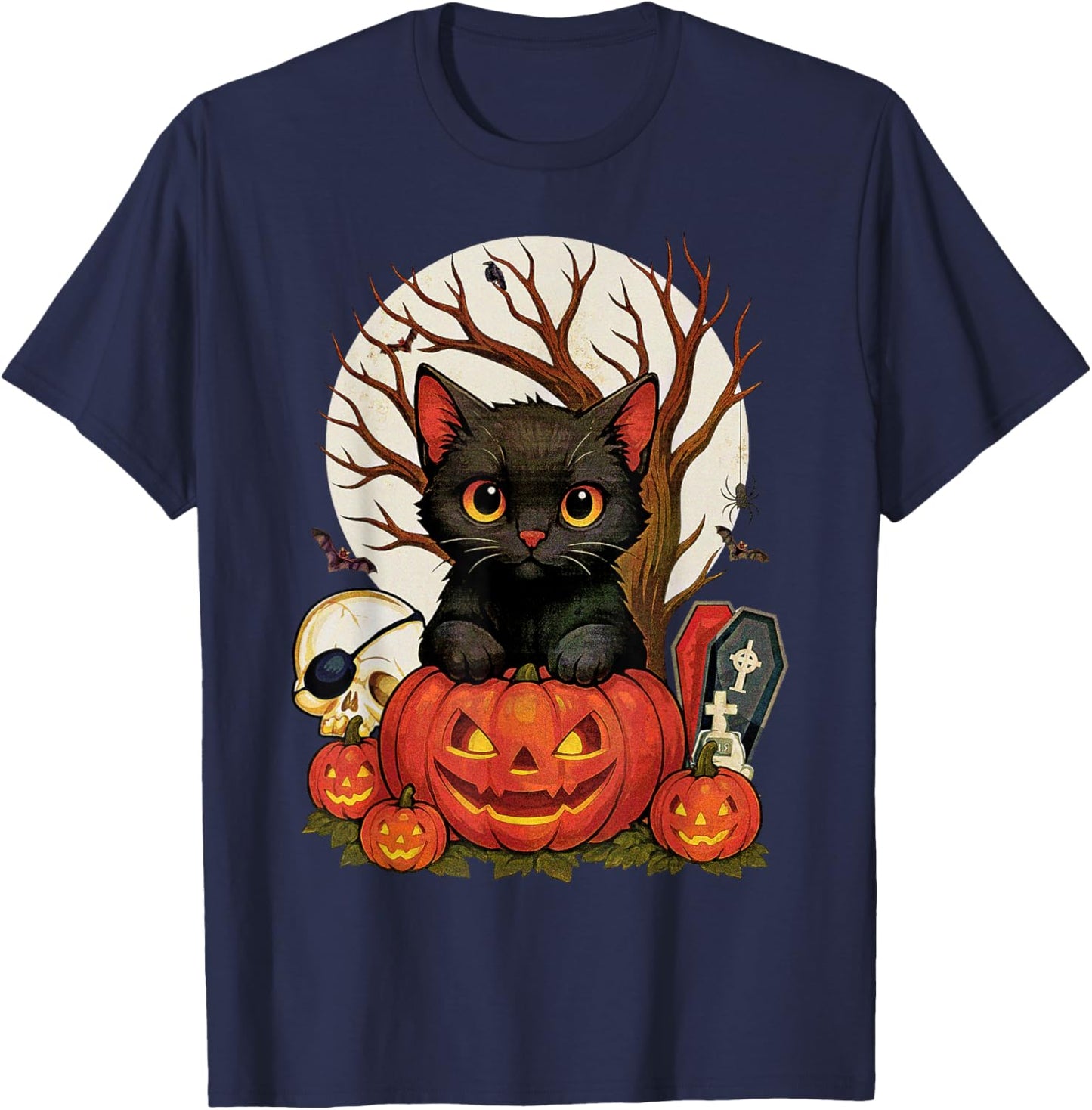 Vintage Halloween Moon Retro Scary Black Cat Men Graphic T-Shirt - T-Shirt | Navy