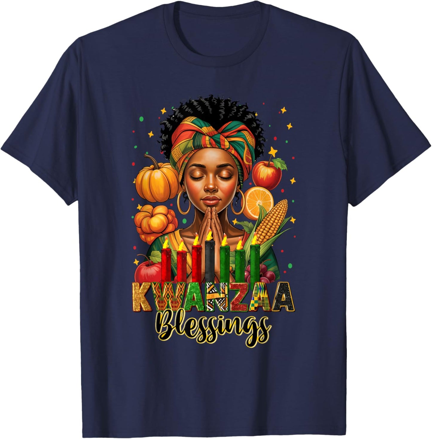 Kwanzaa Blessings Pray Black Woman Afro American Christian T-Shirt - T-Shirt | Navy