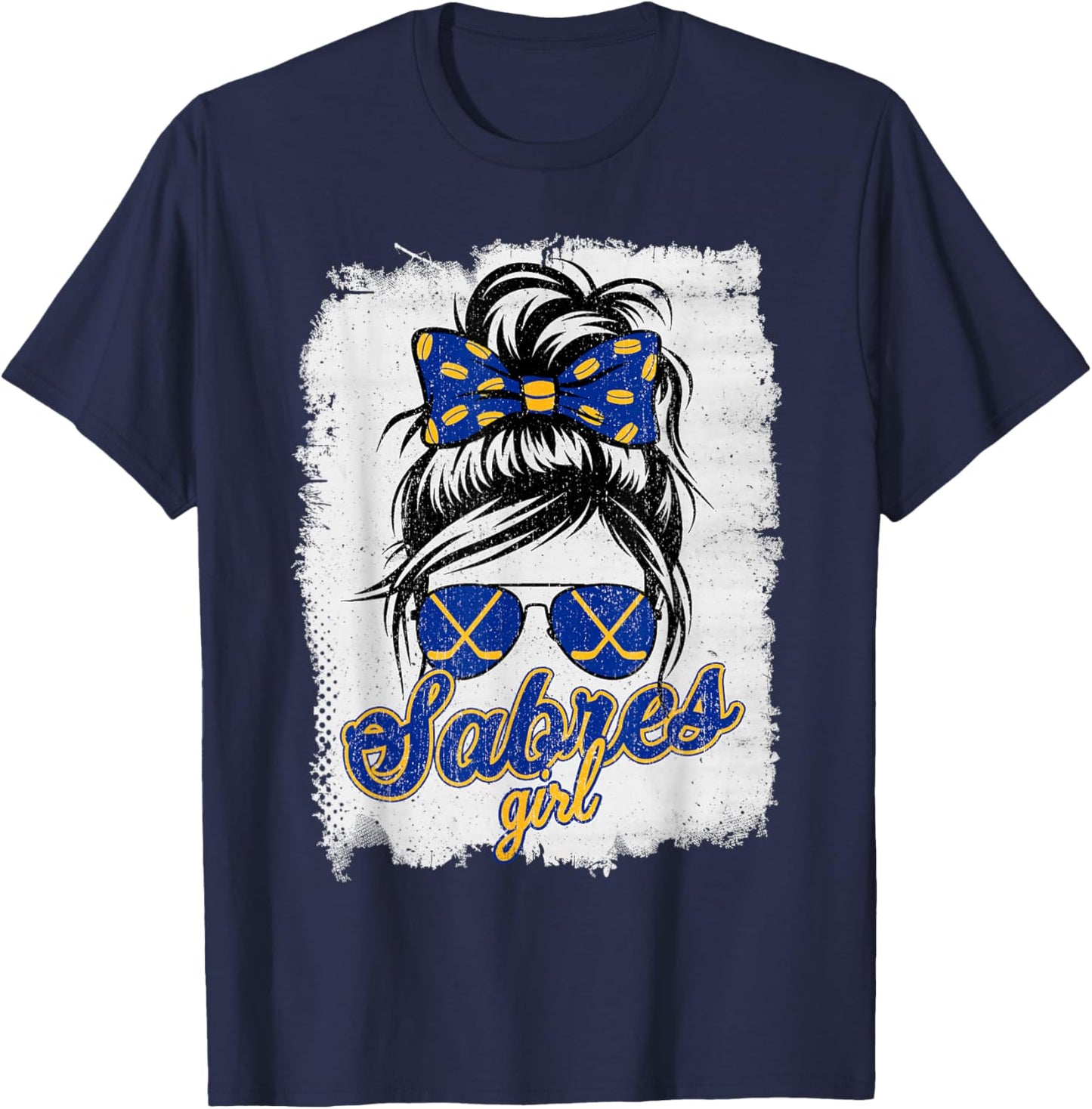 Vintage Sabres Girl Messy Bun Retro Sports Fan Team Spirit T-Shirt - T-Shirt | Navy